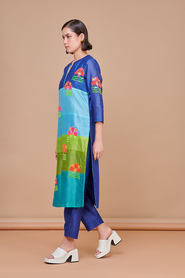 Blue Striped Hand Embroidered Laser Cut Vinyl Floral Motif Kurta Set