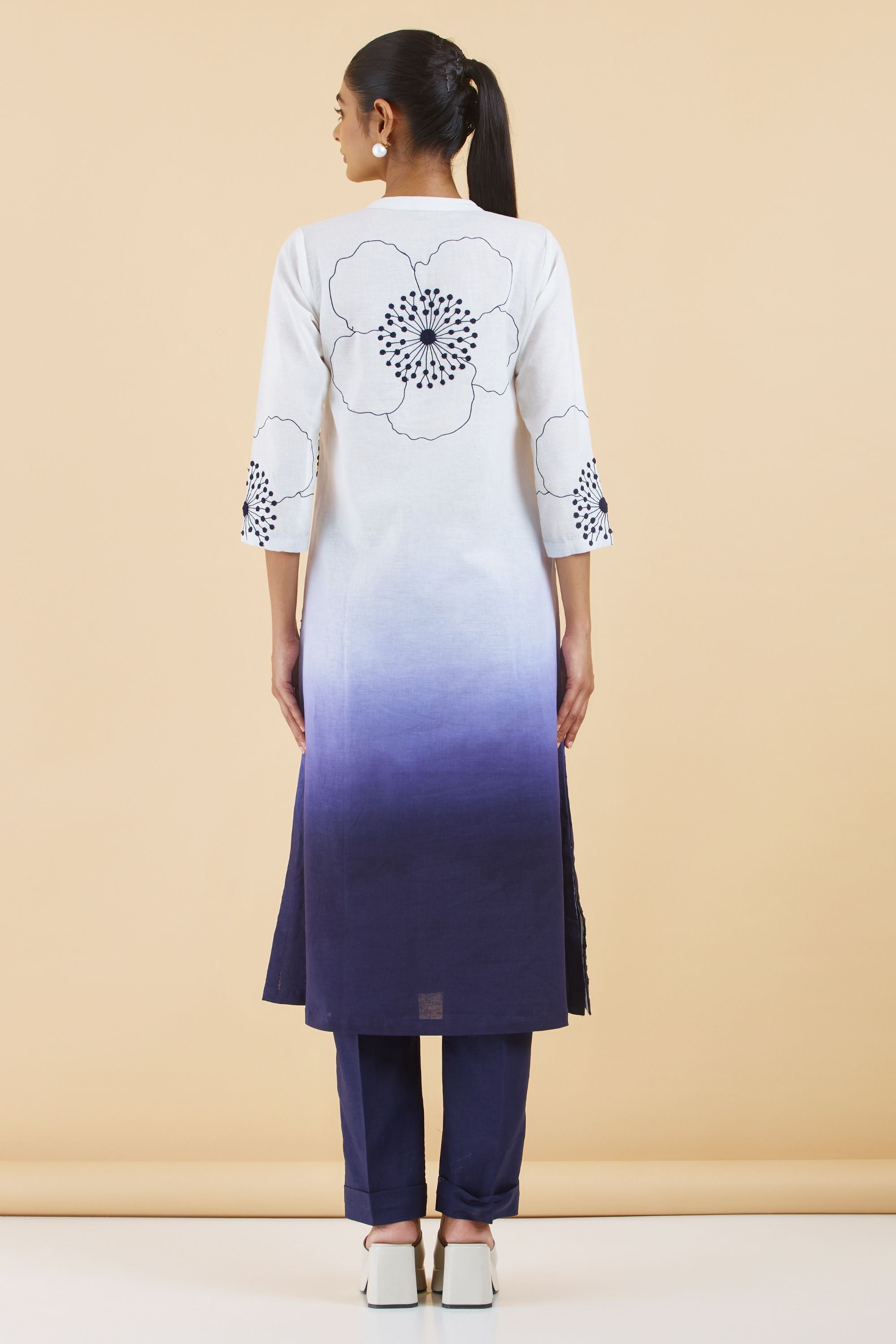 Ivory Indigo Shaded Floral Threadwork Cotton Linen Kurta Set