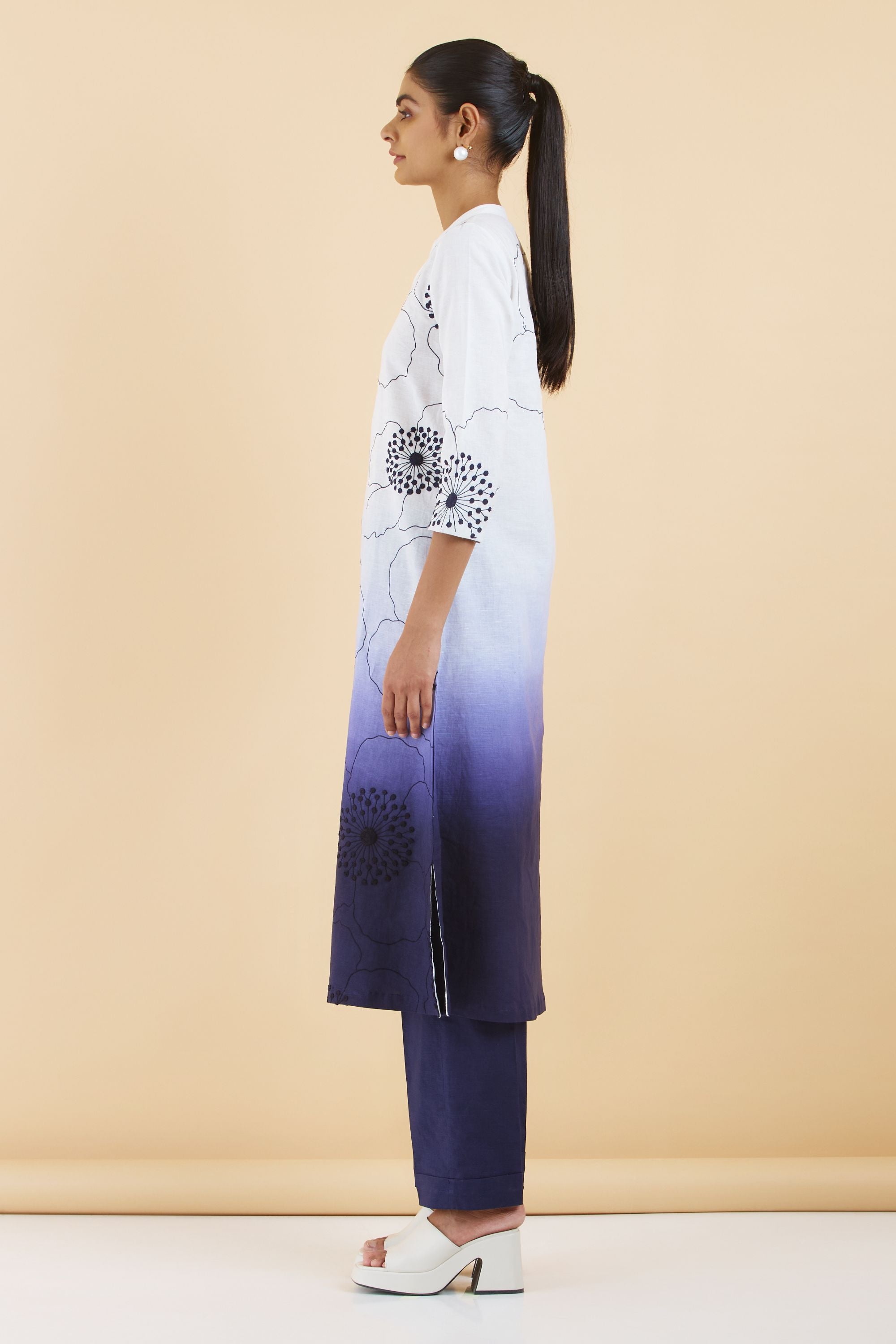 Ivory Indigo Shaded Floral Threadwork Cotton Linen Kurta Set