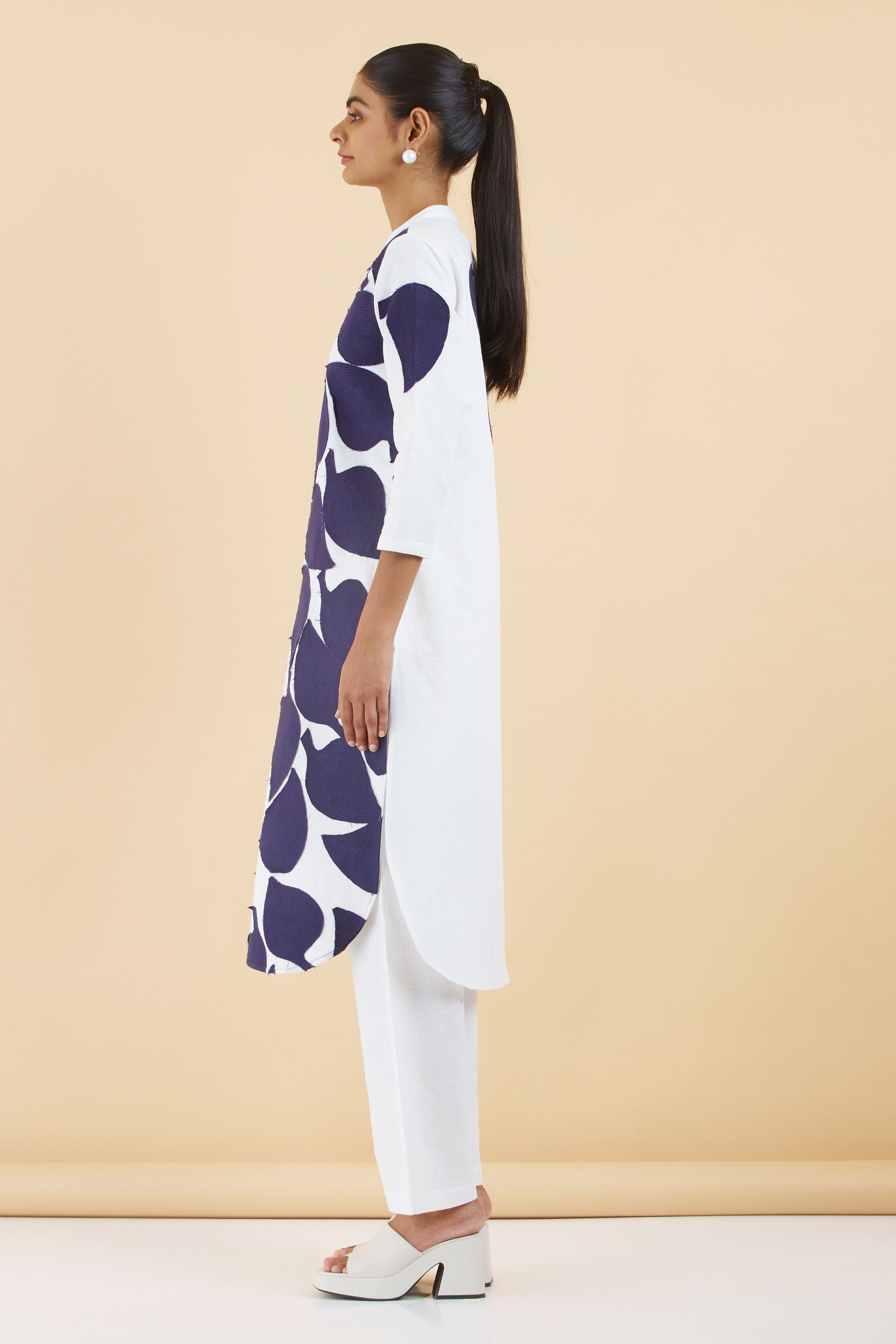 Ivory Indigo Patchwork Cotton Linen Kurta Set