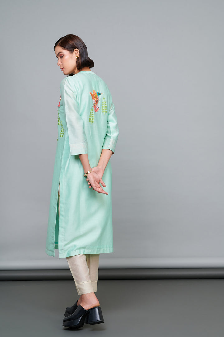 Powder Blue Hand Embroidered Bird Motif Sequins Silk Chanderi Kurta Set