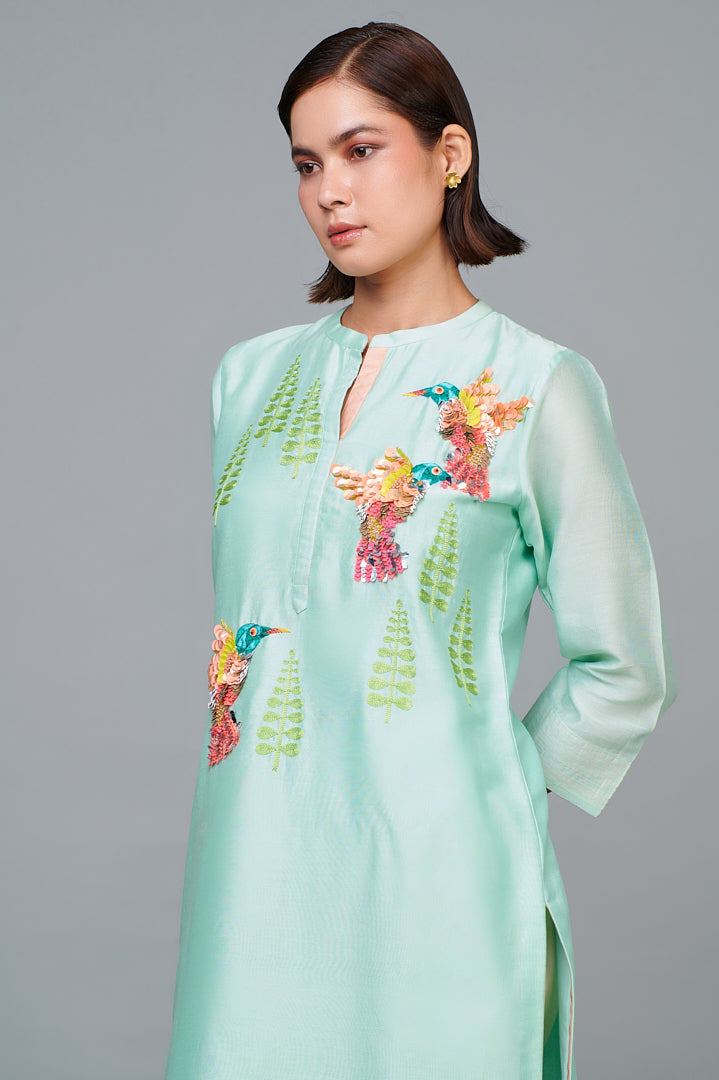 Powder Blue Hand Embroidered Bird Motif Sequins Silk Chanderi Kurta Set