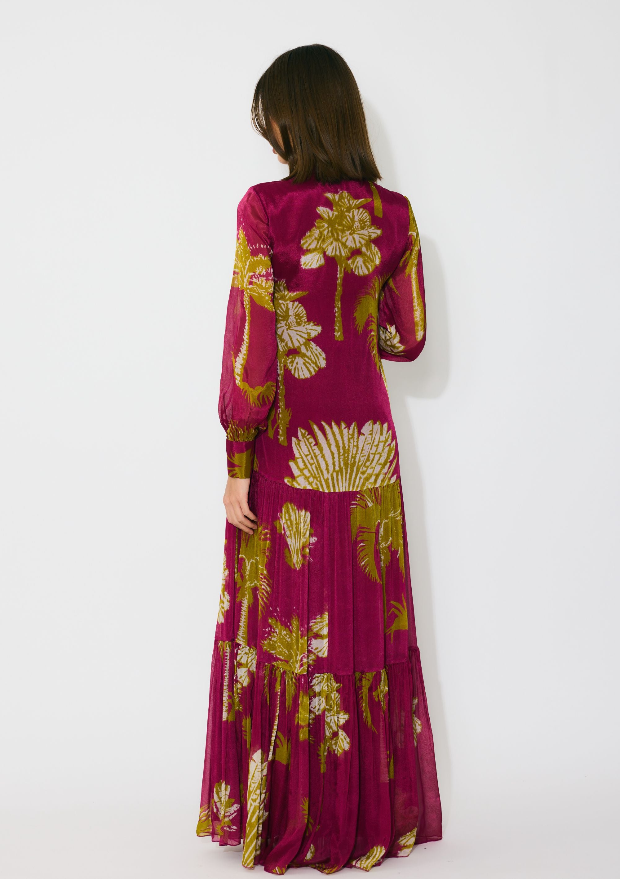 HOT PINK, MUSTARD AND WHITE FLORAL LONG DRESS