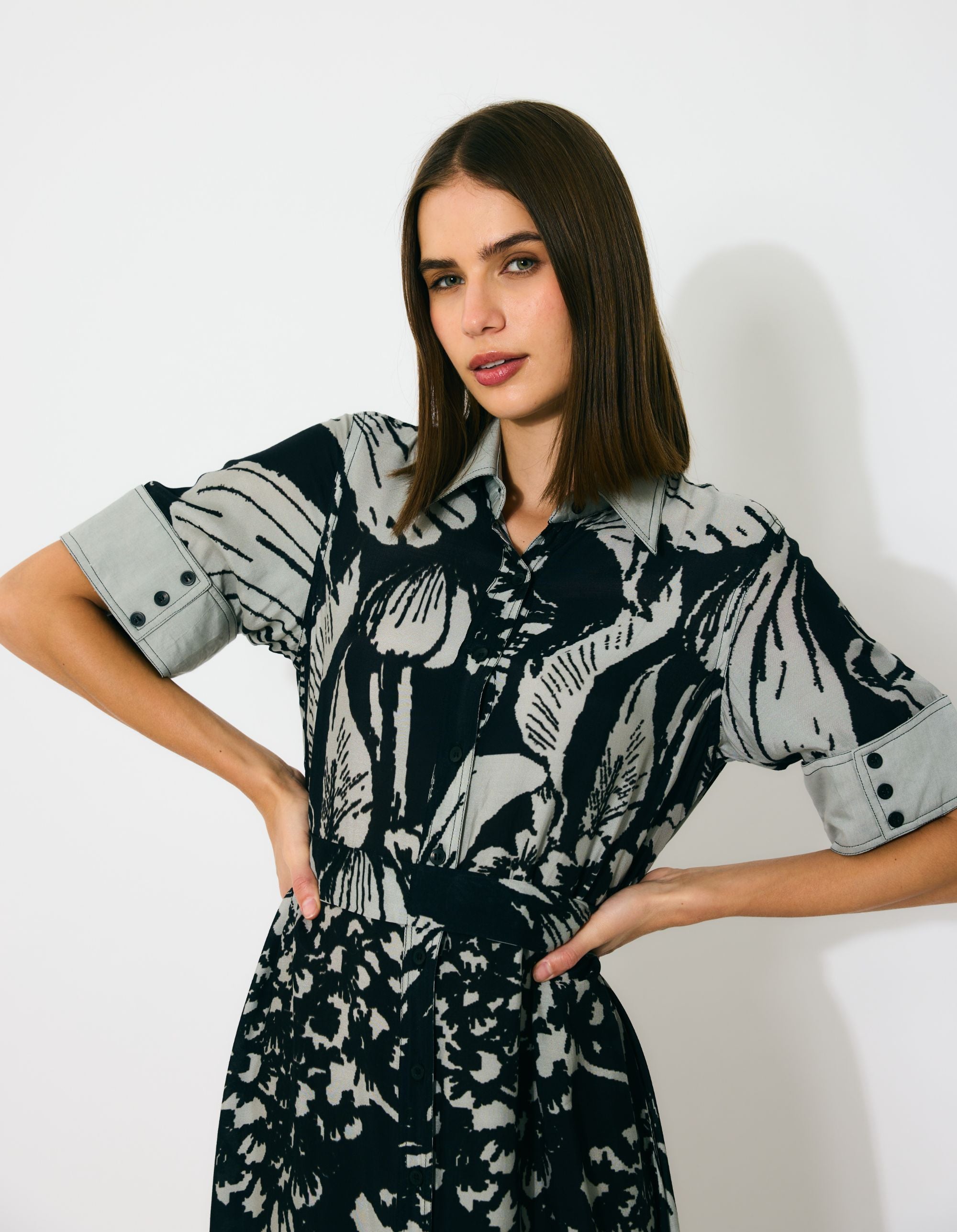 GREY AND BLACK FLORAL SHIRT DRESS