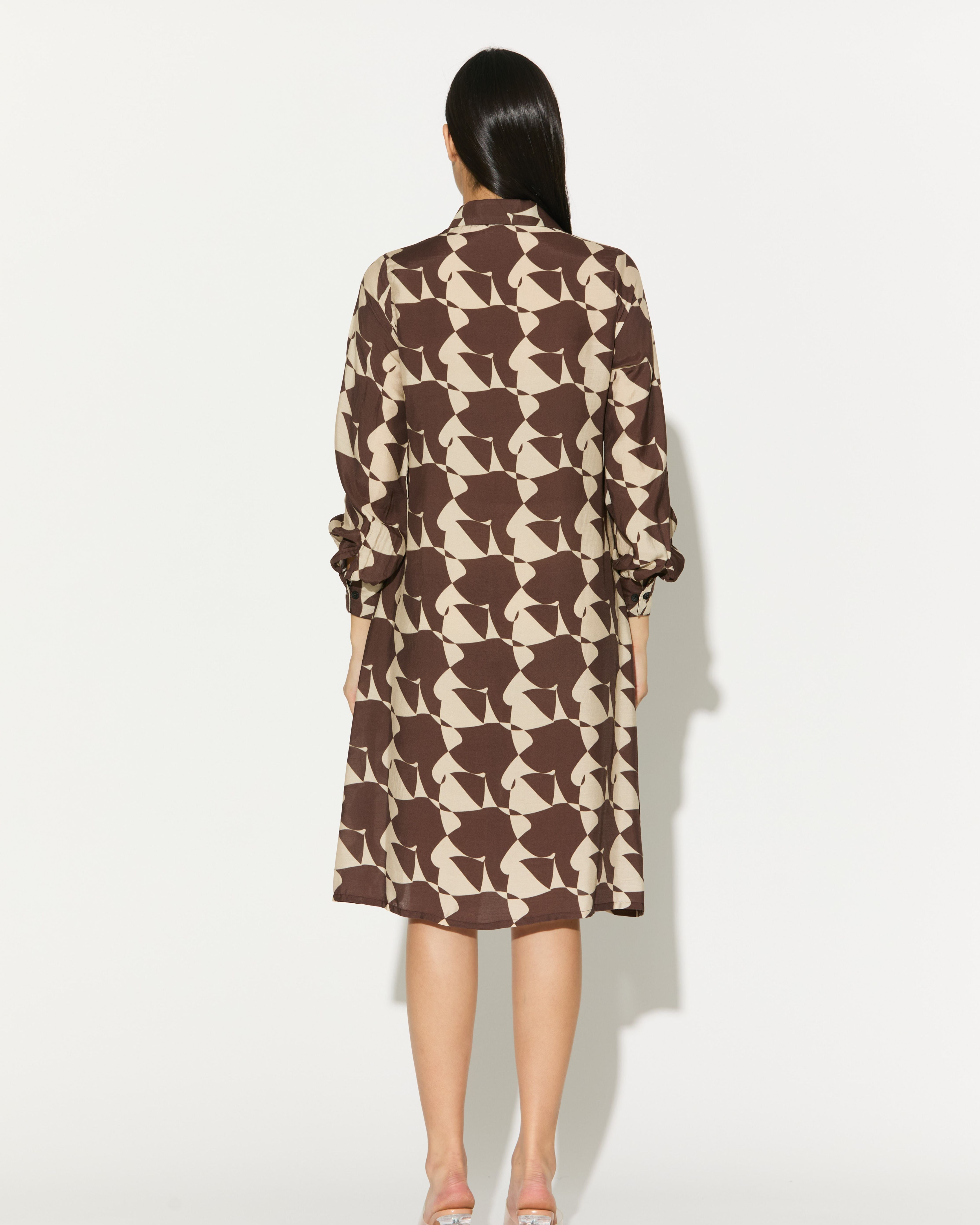 BROWN AND WHITE ABSTRACT SHIRT DRESS