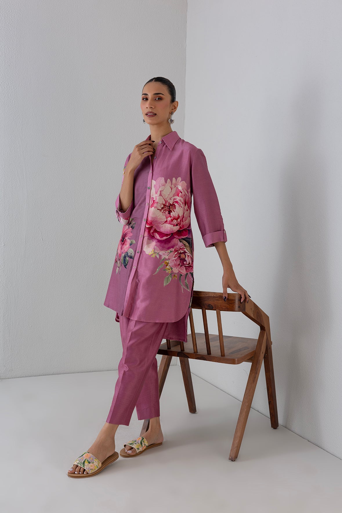 Blush Pink Silk Chanderi Peony Flower Printed Shirt