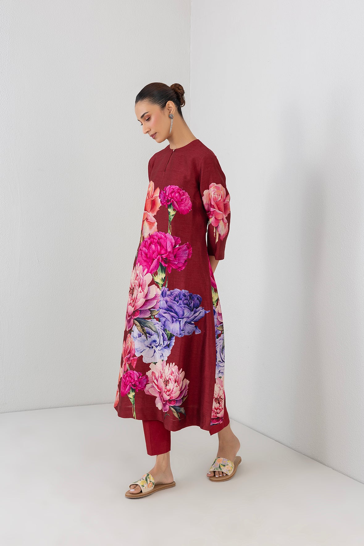 Scarlet Red Dupion Floral Printed Tunic
