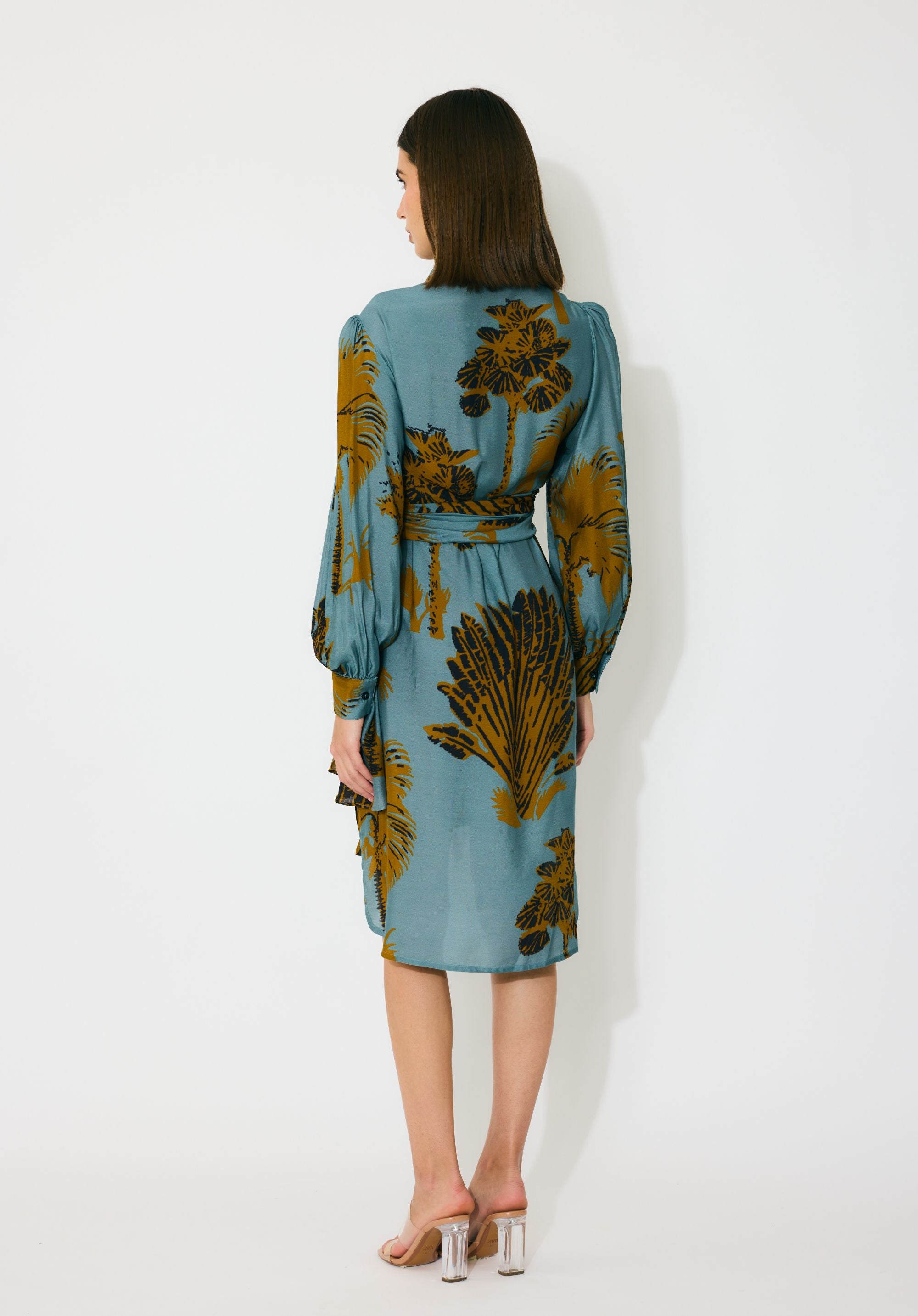 SKY BLUE AND MUSTARD FLORAL WRAP SHIRT DRESS