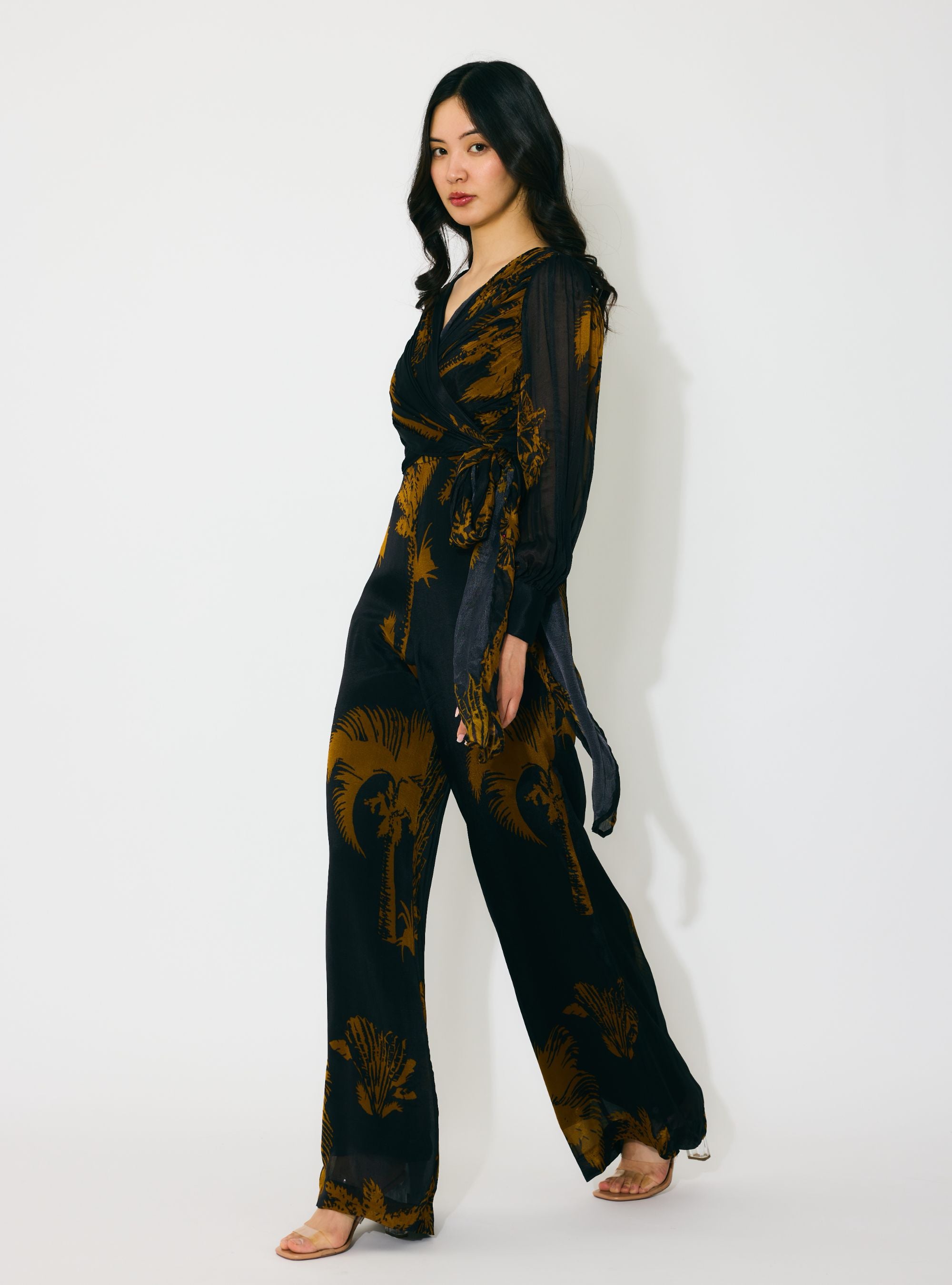 BLACK AND GOLD FLORAL WRAP JUMPSUIT
