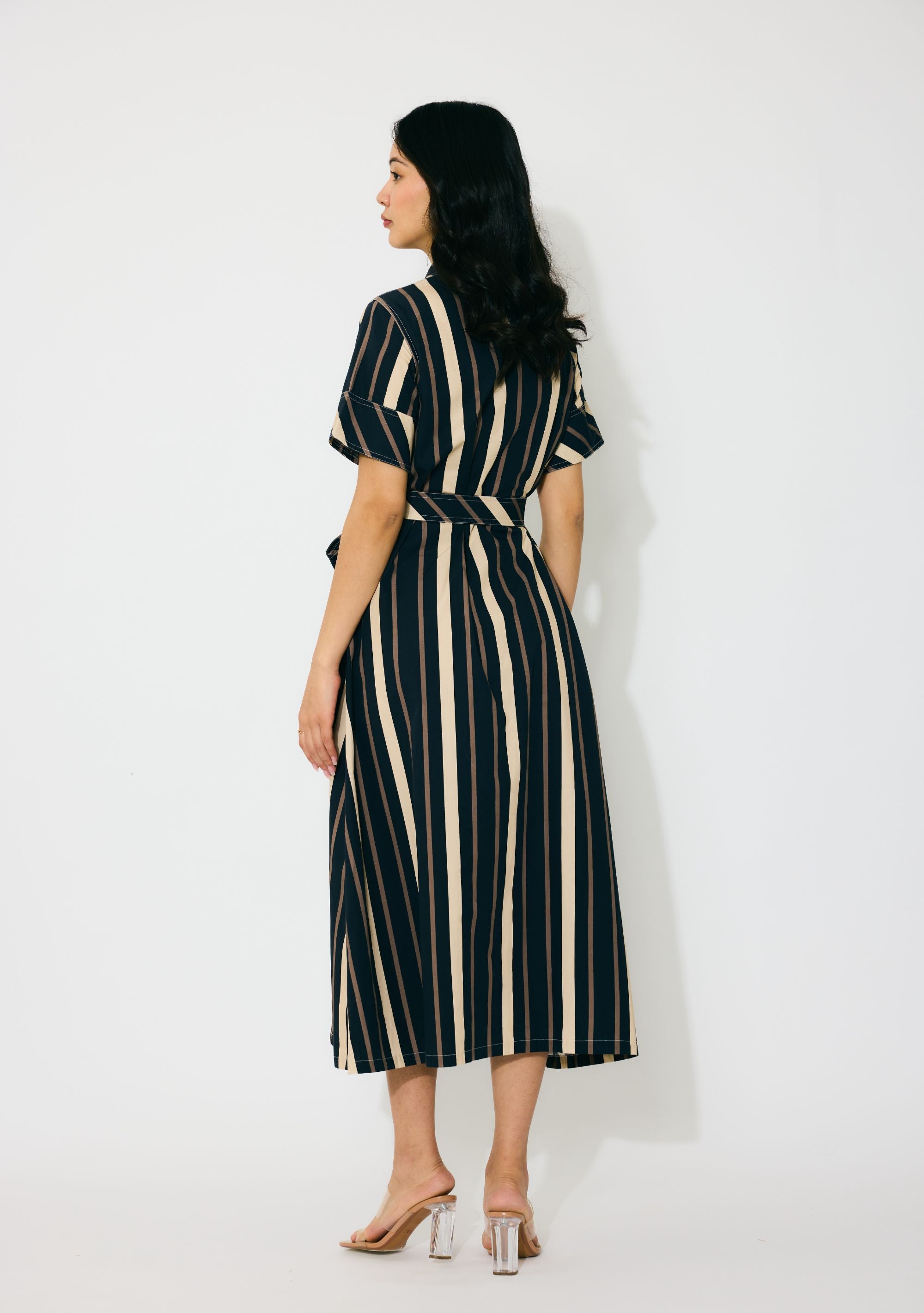 DARK BLUE AND BEIGE STRIPE SHIRT DRESS