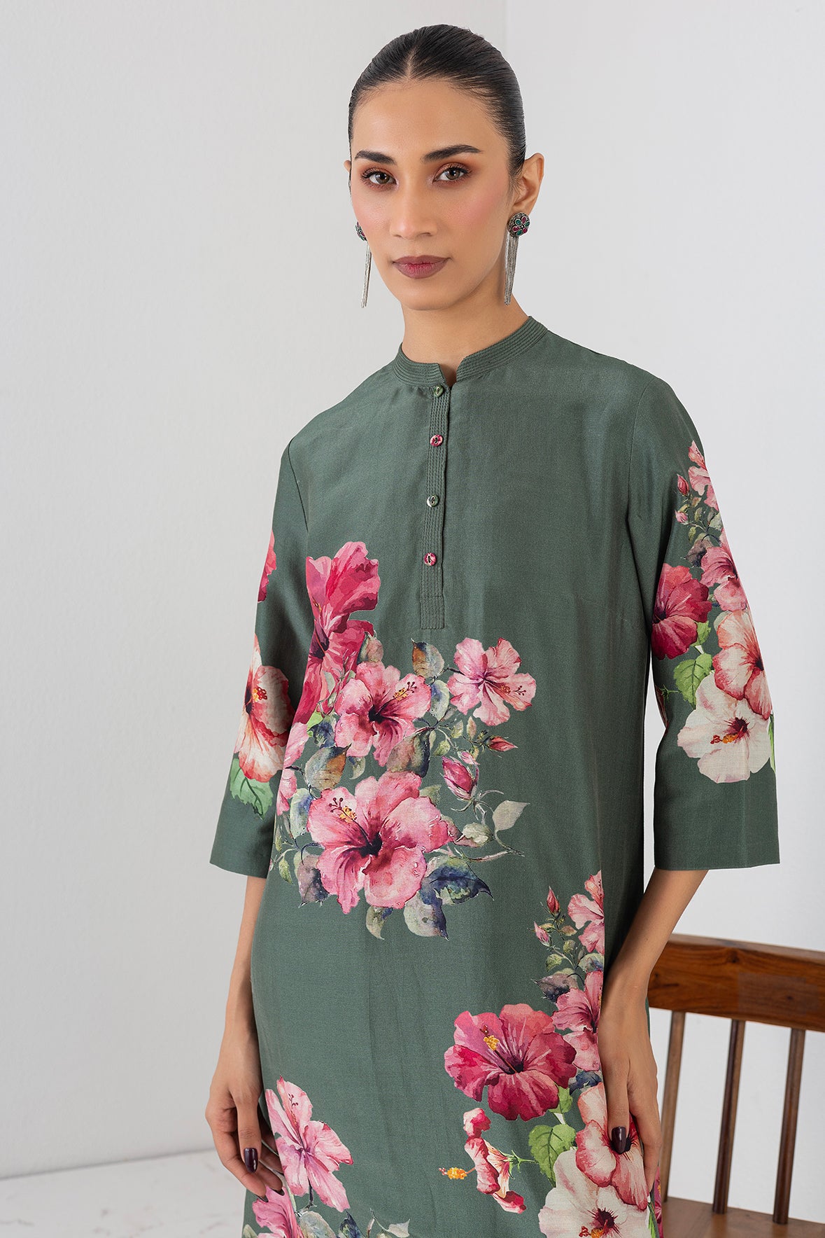 Eucalyptus Silk Chanderi Hibiscus Printed Tunic