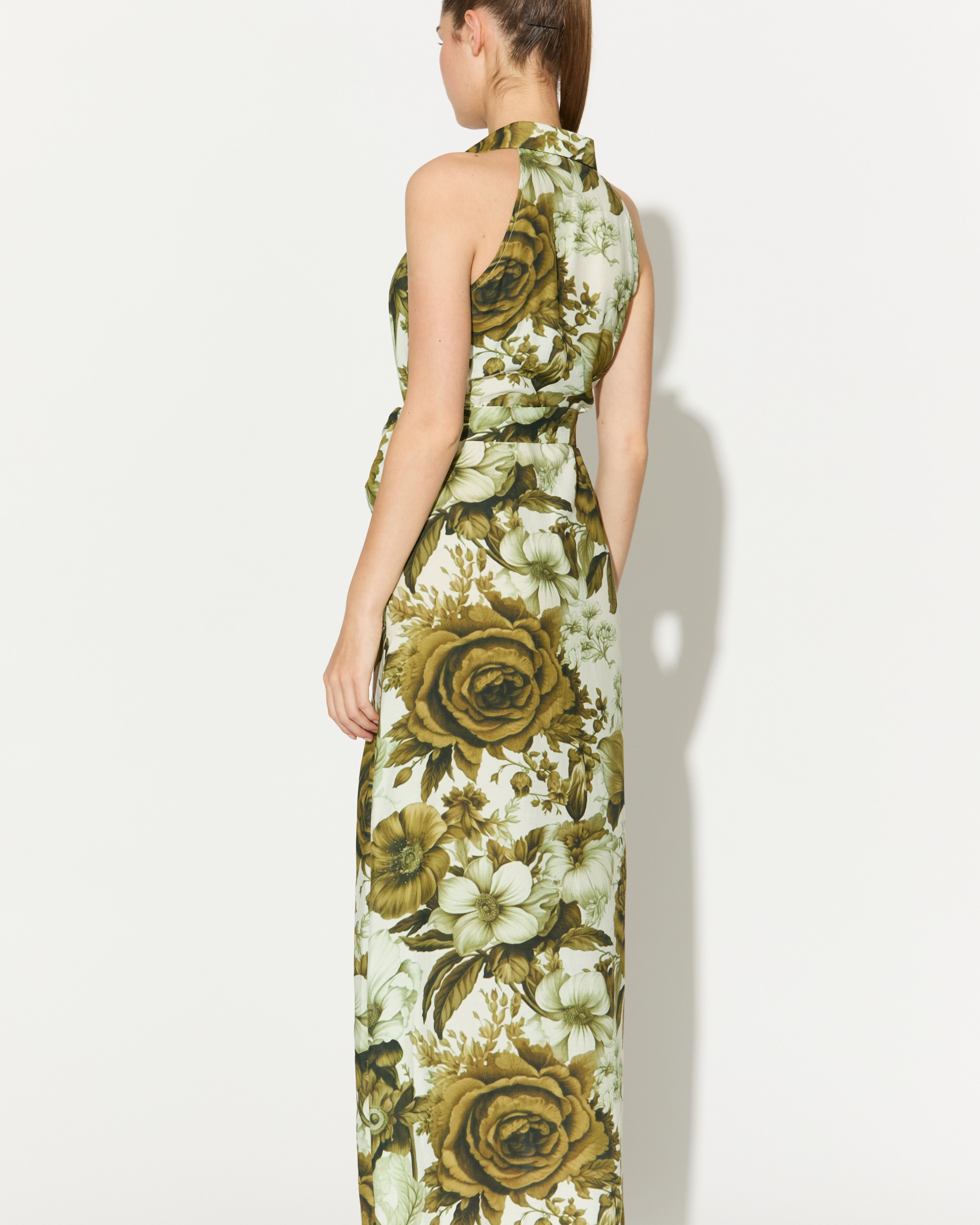 CREAM AND OLIVE FLORAL SLEEVELESS SHIRT DRESS