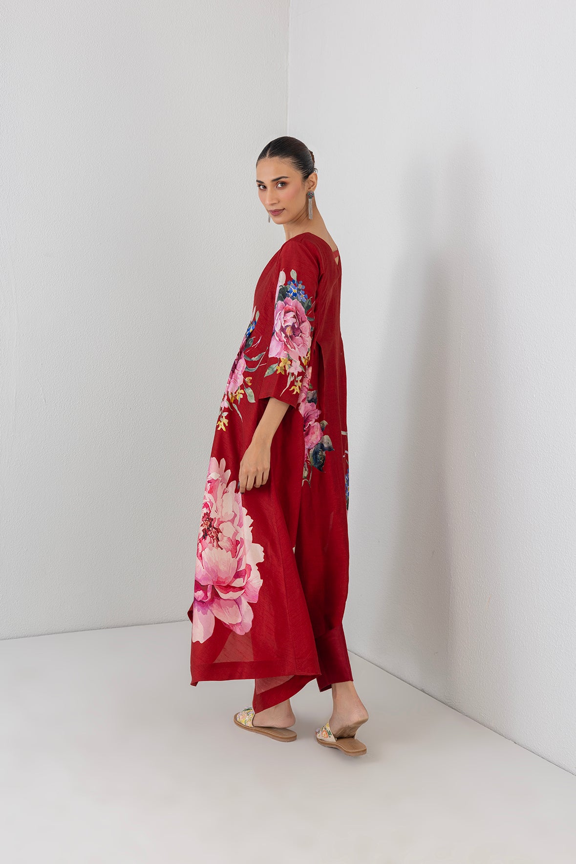 Crimson Flame Red Dupion China Rose Printed Dress