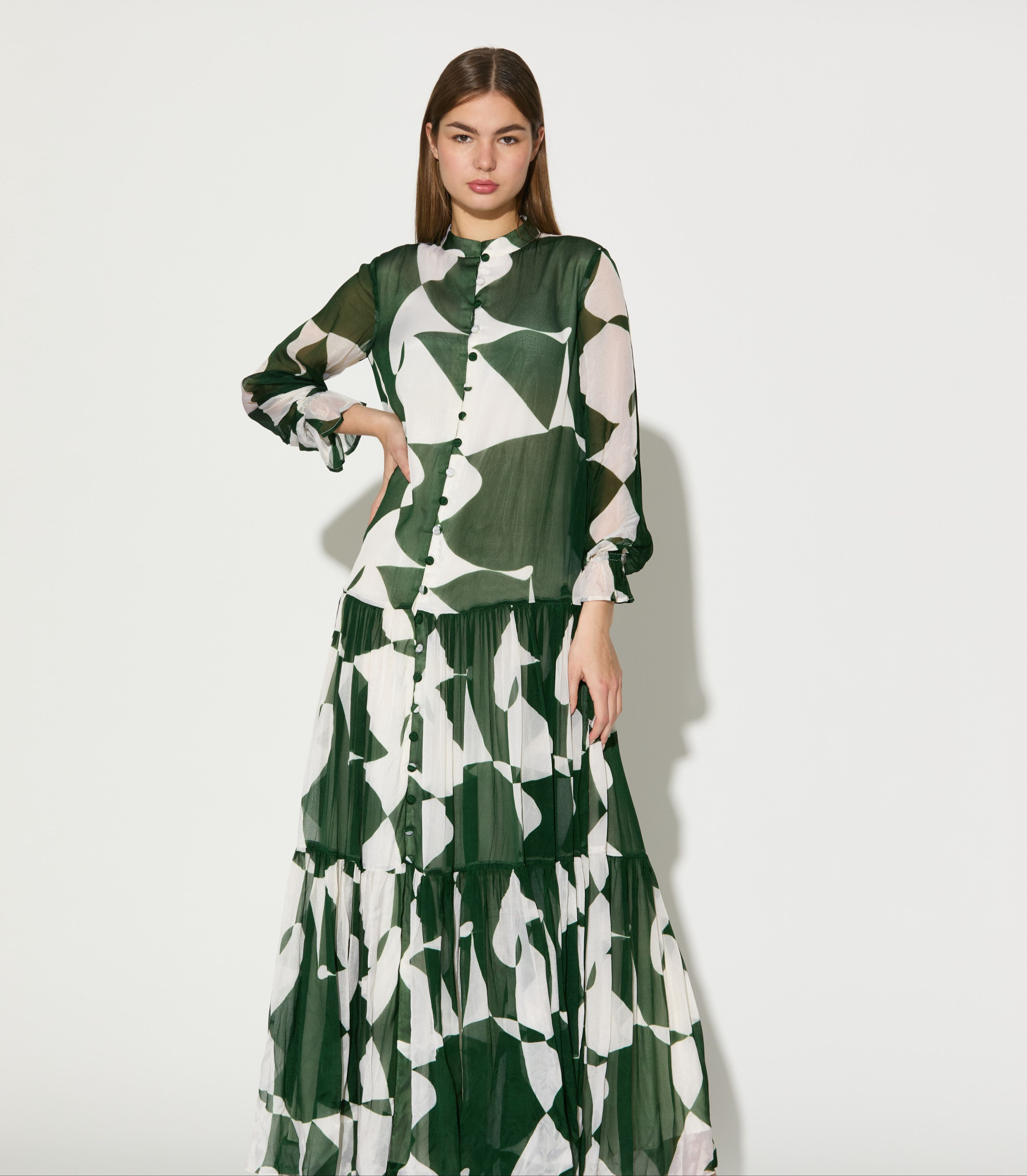 GREEN AND WHITE ABSTRACT LONG DRESS