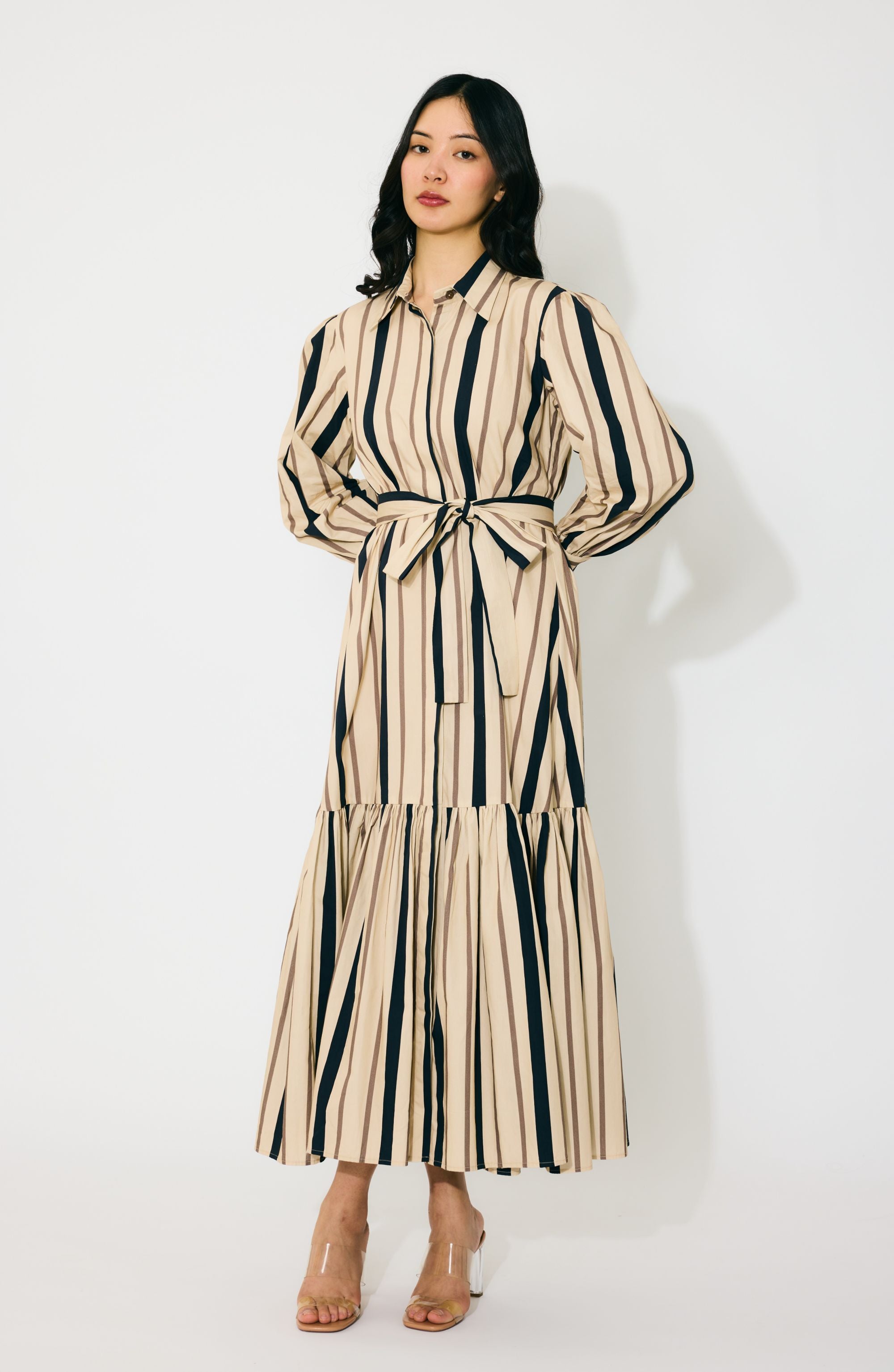 CREAM AND DARK GREEN STRIPE SHIRT DRESS