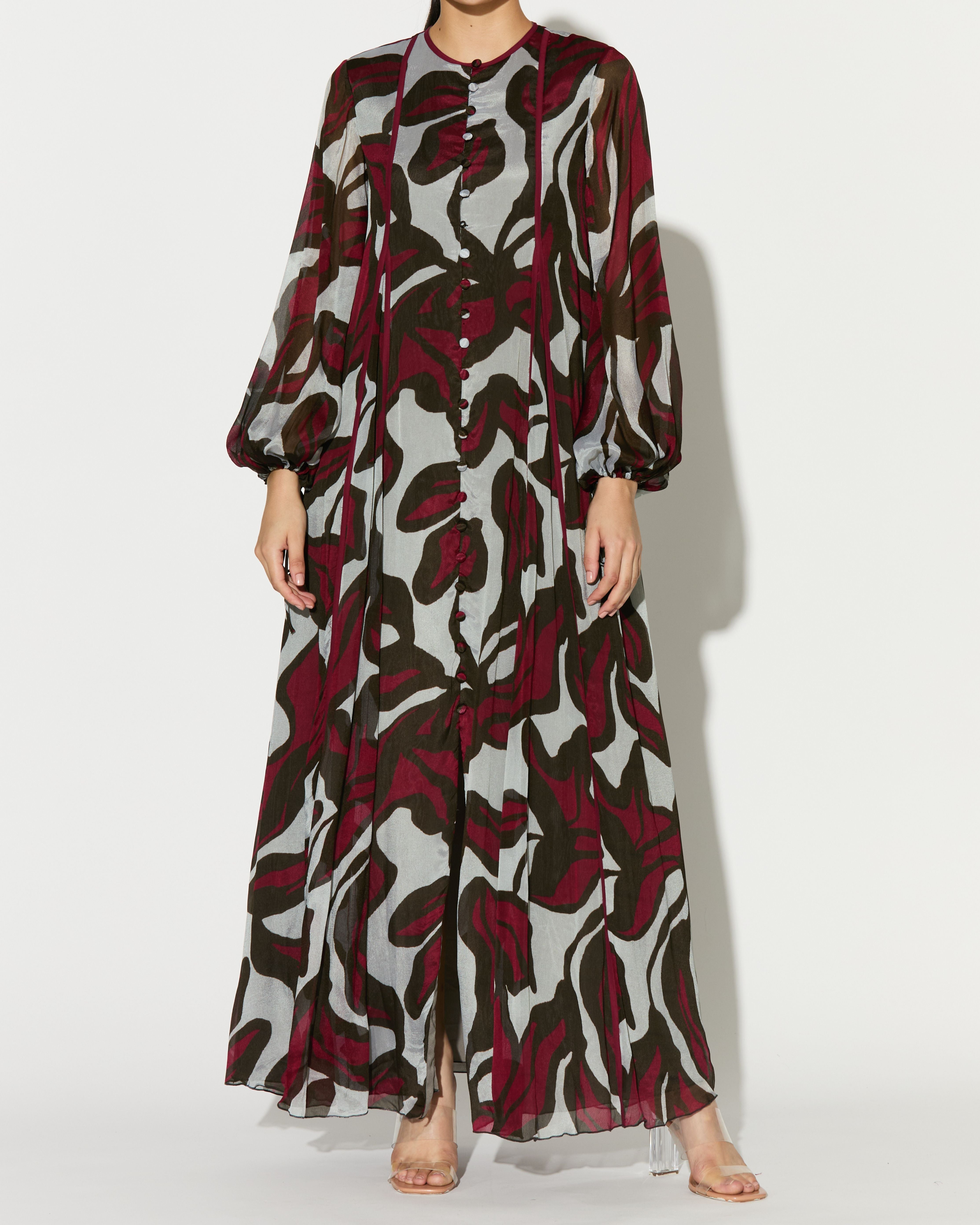 BEIGE, PINK AND GREEN FLORAL LONG DRESS