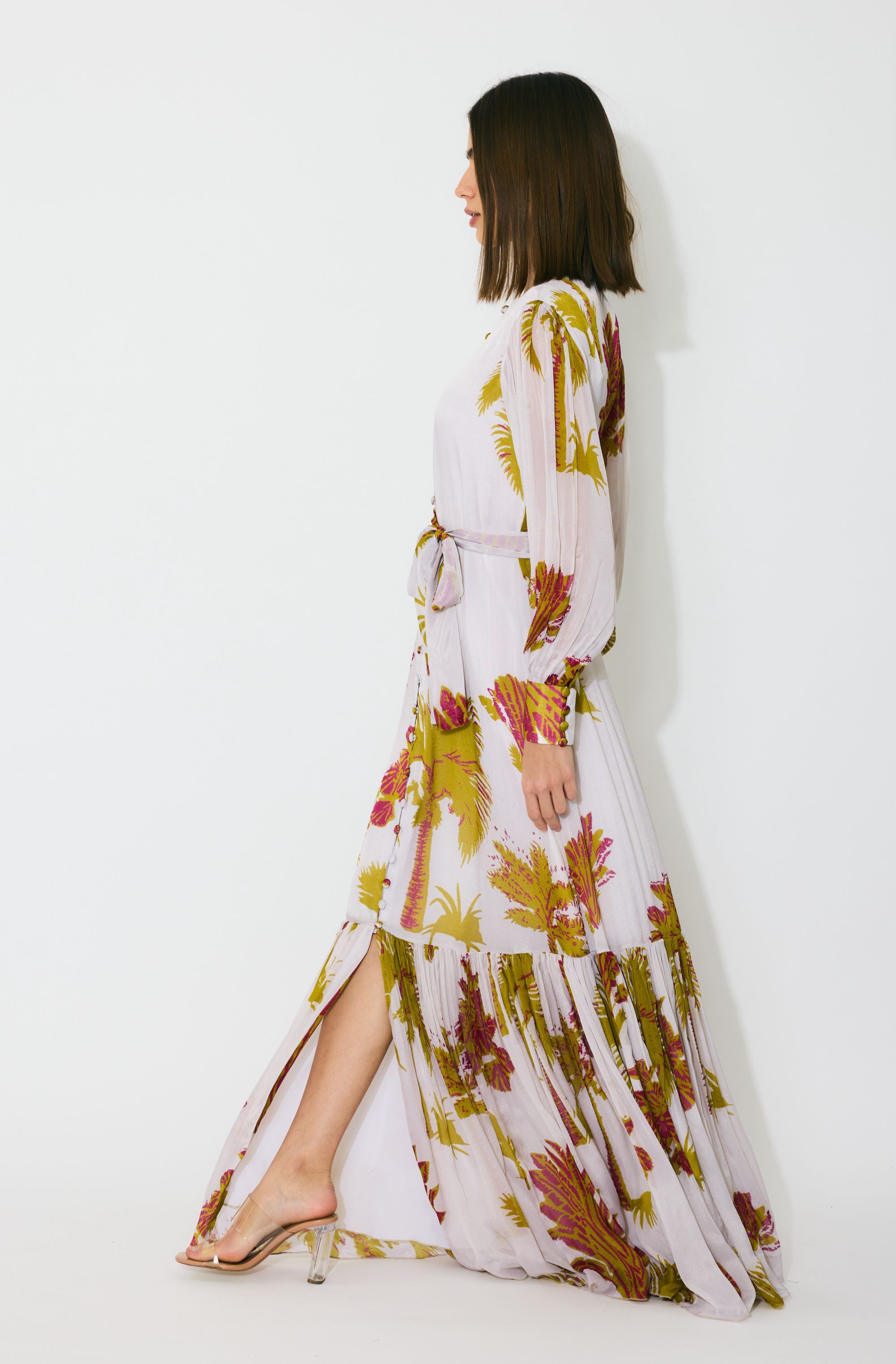 BEIGE, MUSTARD AND HOT PINK FLORAL LONG DRESS