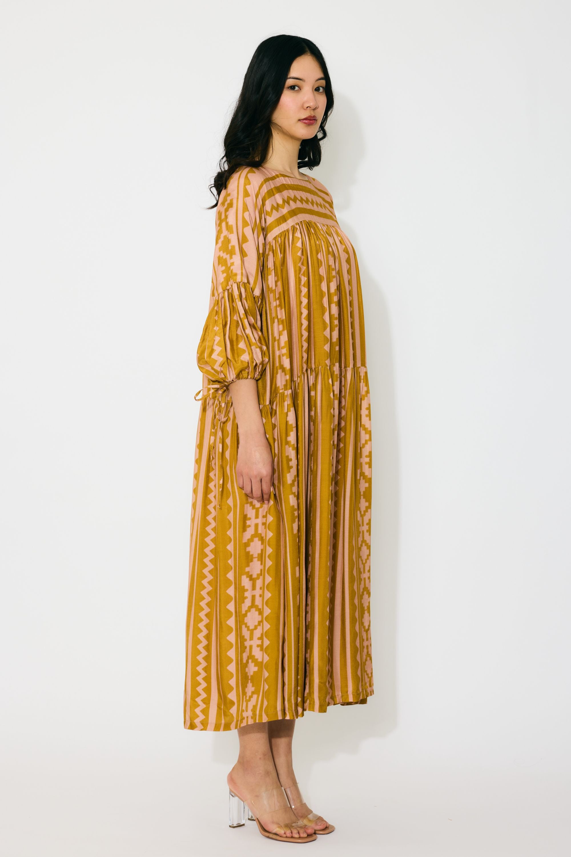 MUSTARD AND PEACH PATTERN MIDI DRESS