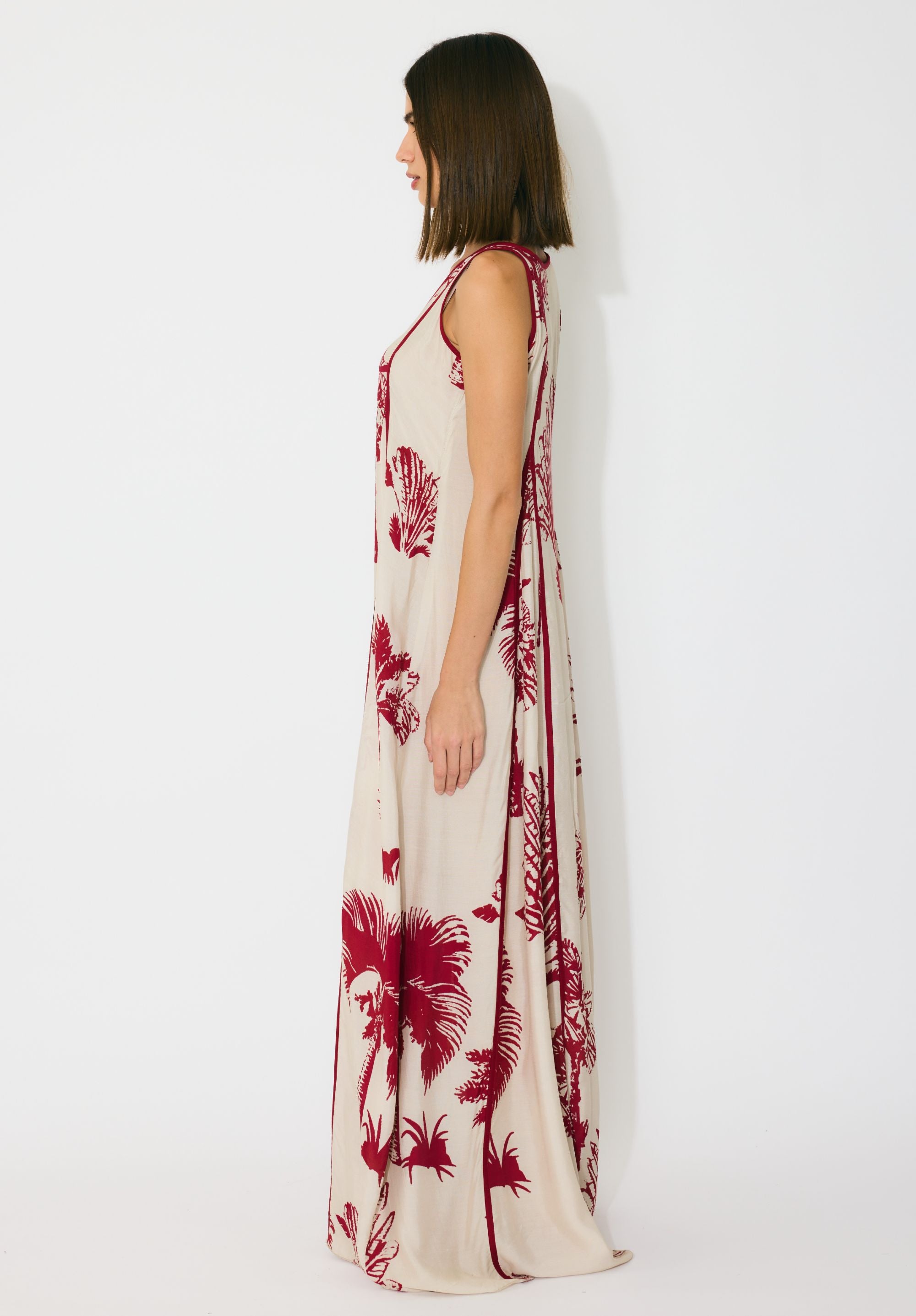 BEIGE AND RED FLORAL SLEEVELESS LONG DRESS