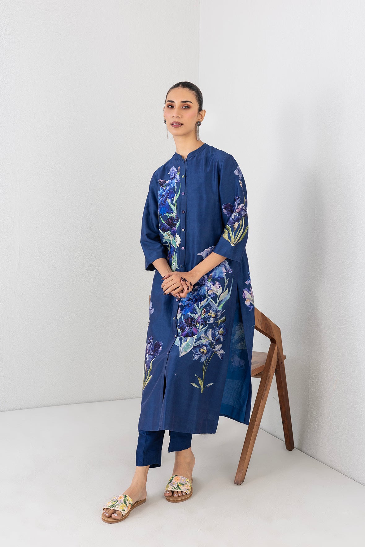 Midnight Indigo Silk Chanderi Floral Printed Tunic