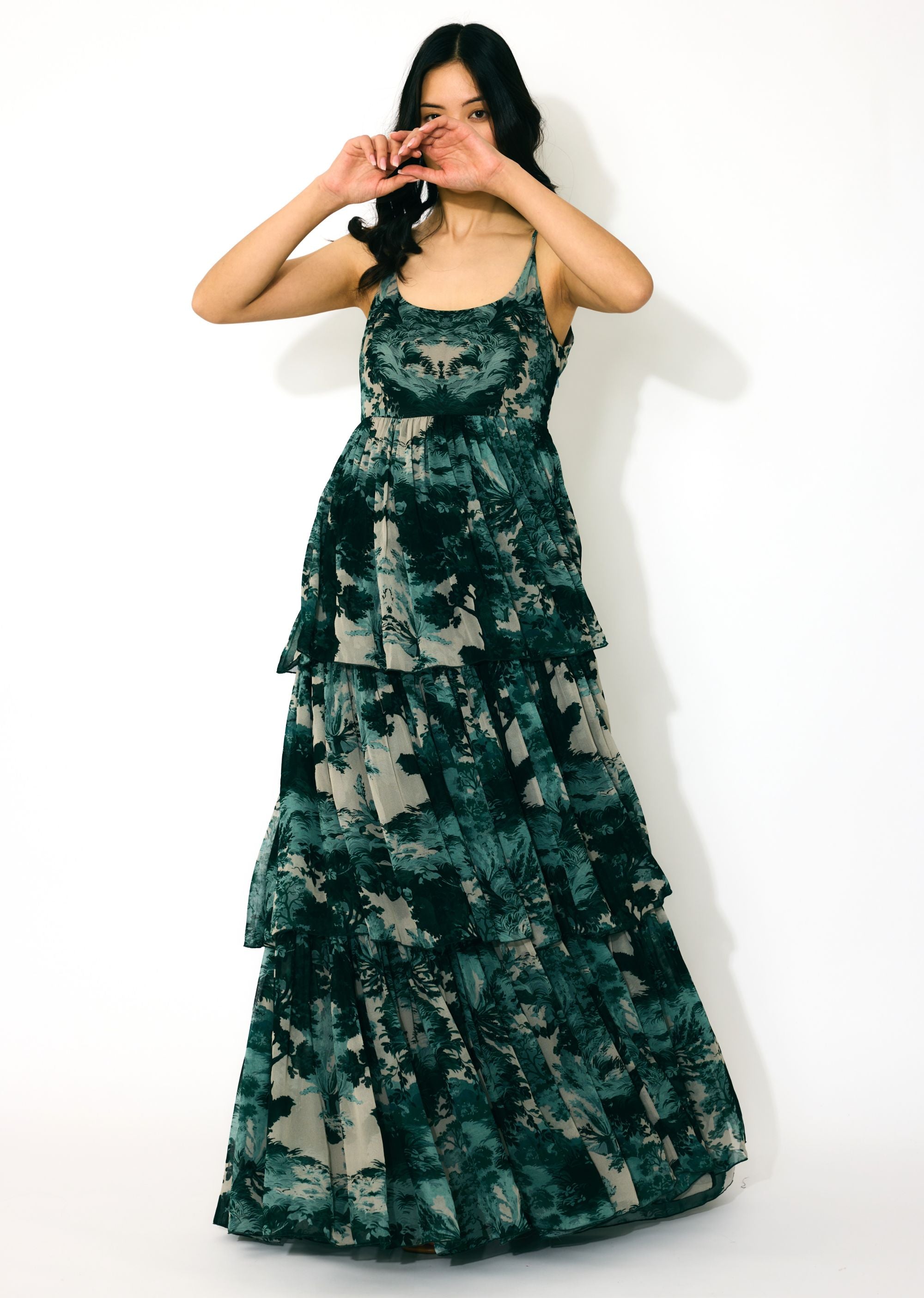 DARK GREEN, MINT AND BEIGE TOIL PRINT LONG DRESS