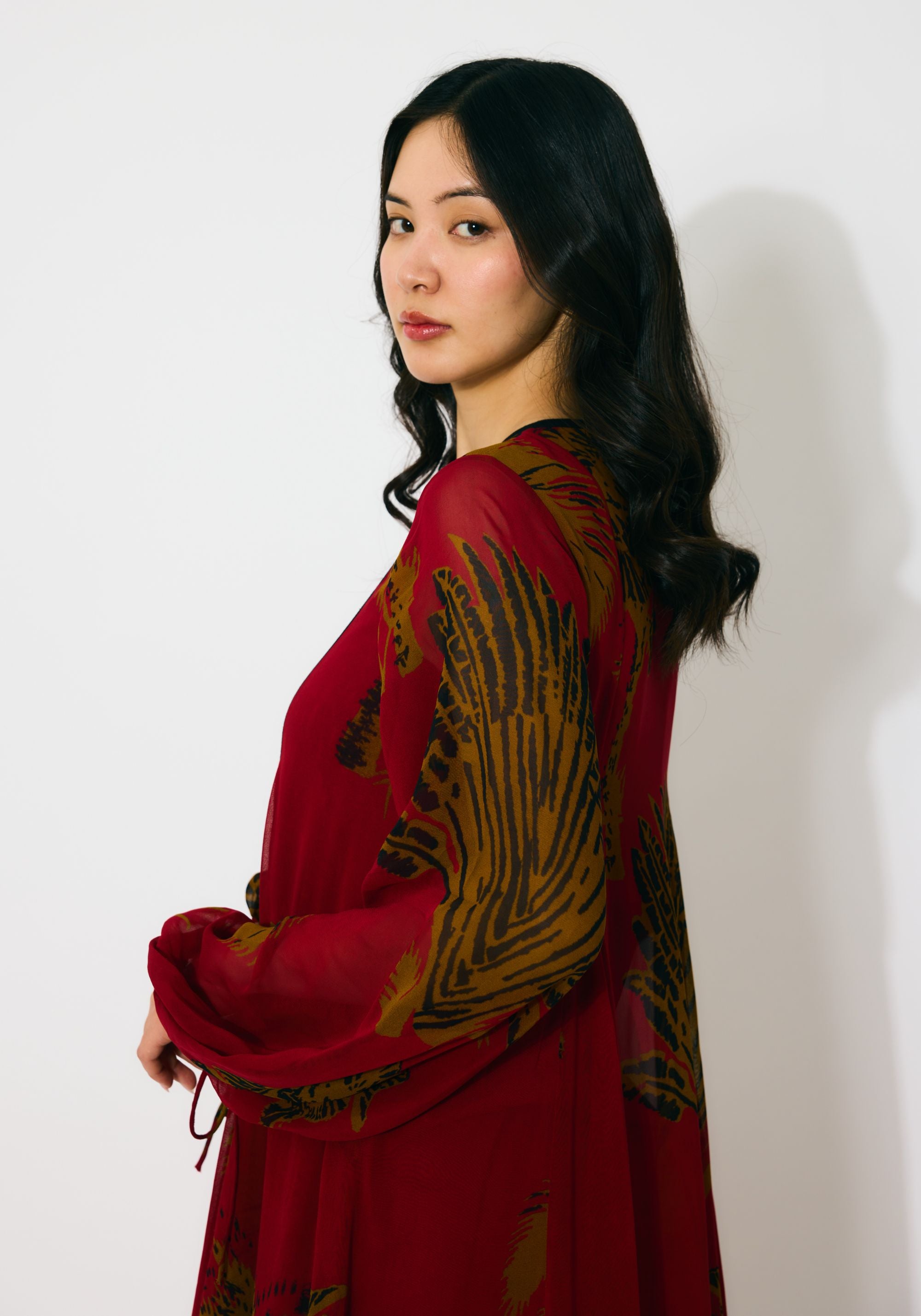 RED, MUSTARD AND BLACK FLORAL LONG SHIRT DRESS