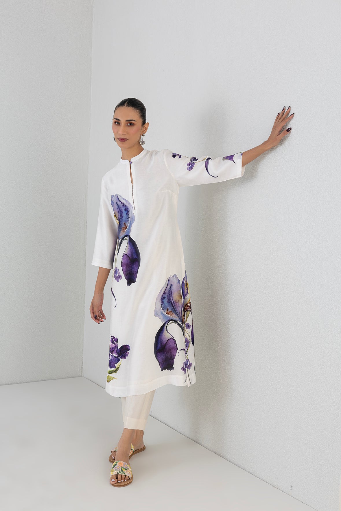 Pearl Ivory Dupion Iris Lily Printed Tunic