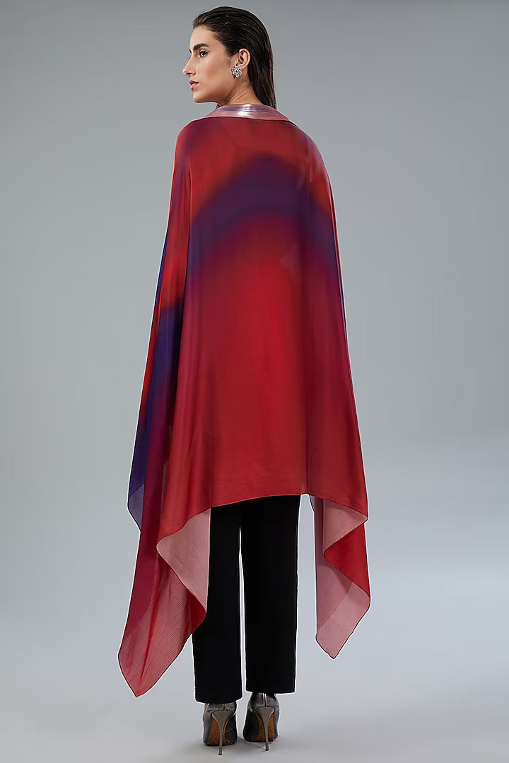 Red & Blue Chiffon Draped Cape Top