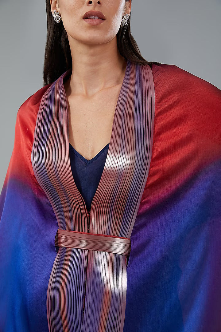Red & Blue Chiffon Draped Cape Top