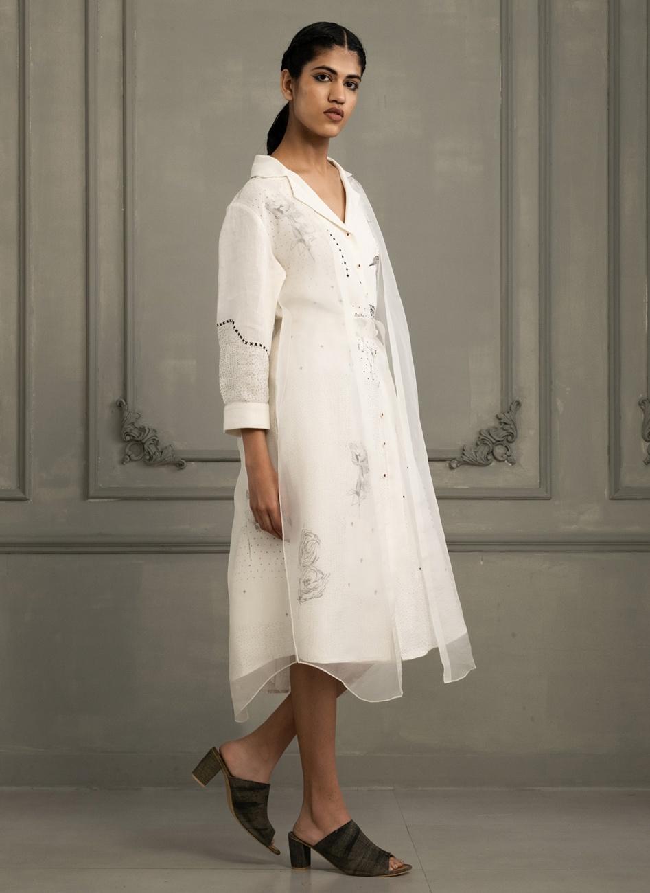 Ivory Double Layer Block Print Dress