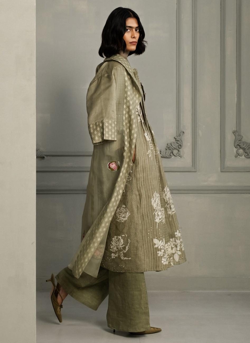 Sage Green Applique Work Jacket with Discharge Print Dress – Deval The ...