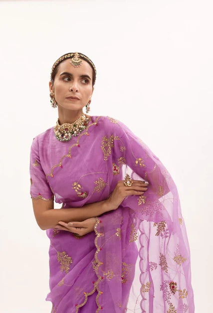 Aarti Sethia purple hand embroidered gota patti jaal saree set