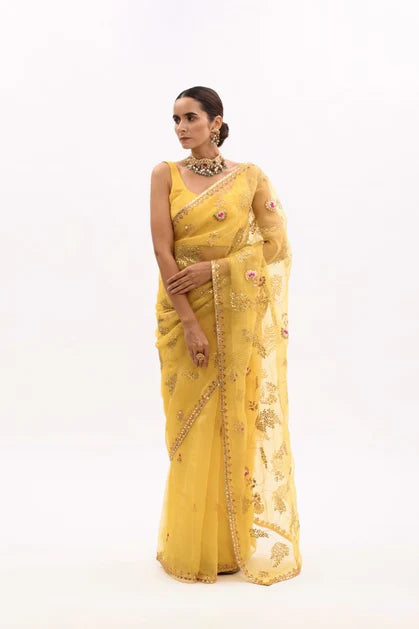Aarti Sethia yellow hand embroidered gota patti jaal saree set