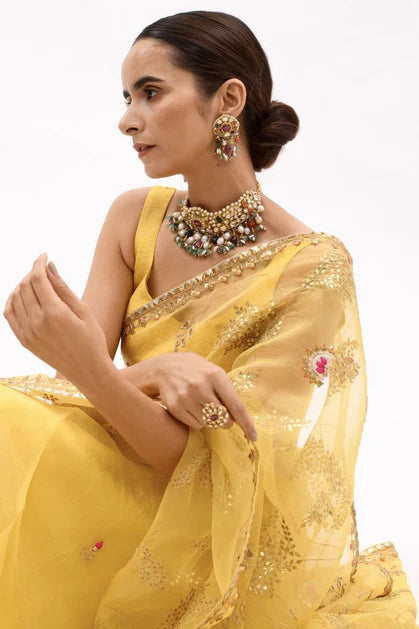 Aarti Sethia yellow hand embroidered gota patti jaal saree set
