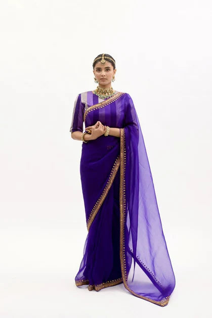 Aarti Sethia deep purple gota patti border saree set