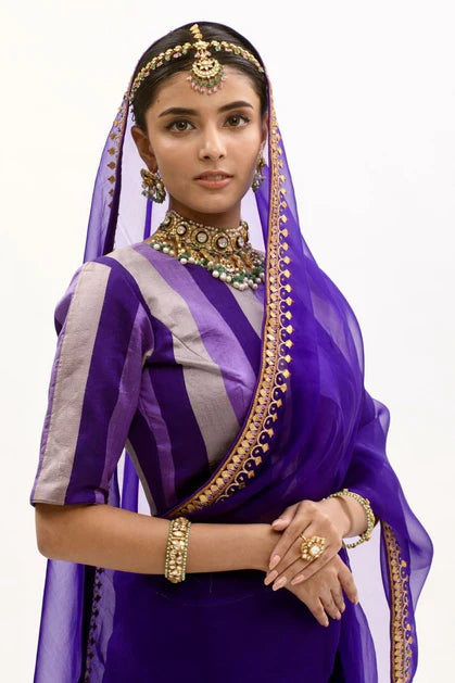 Aarti Sethia deep purple gota patti border saree set