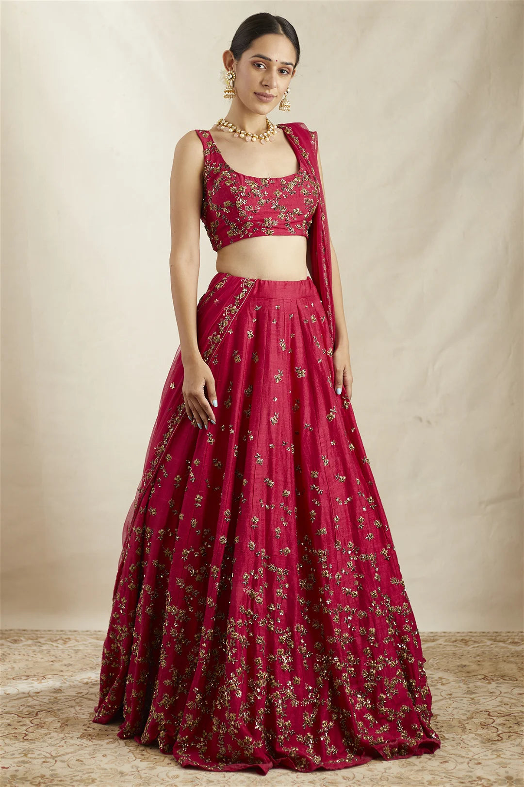 Carmine Pink Raw Silk Lehenga Set
