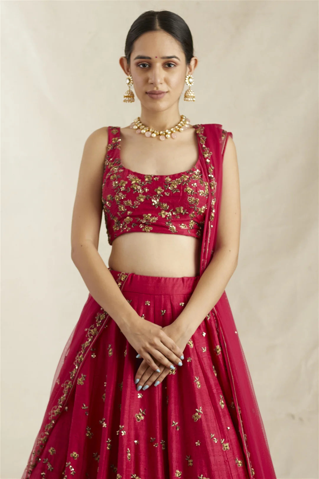 Carmine Pink Raw Silk Lehenga Set
