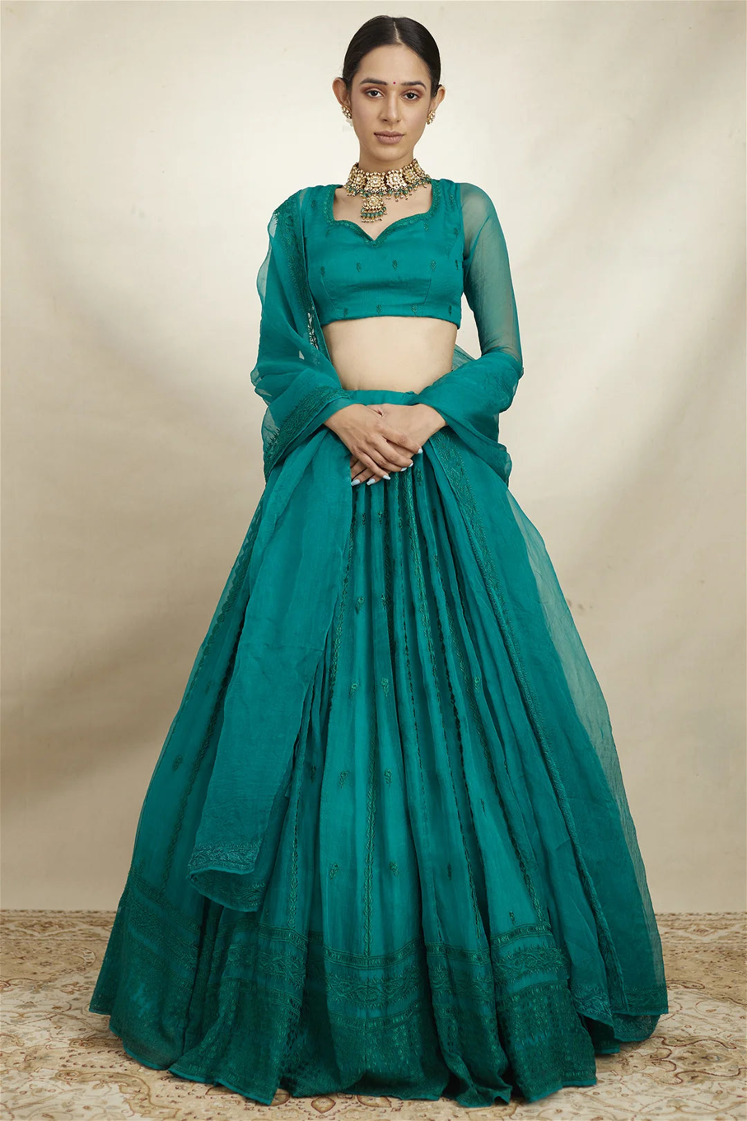 TEAL GREEN ORGANZA LEHENGA SET