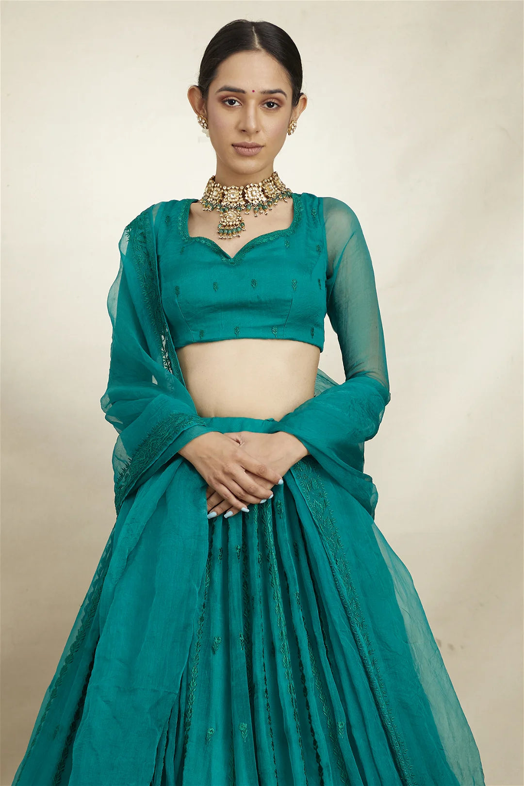 TEAL GREEN ORGANZA LEHENGA SET