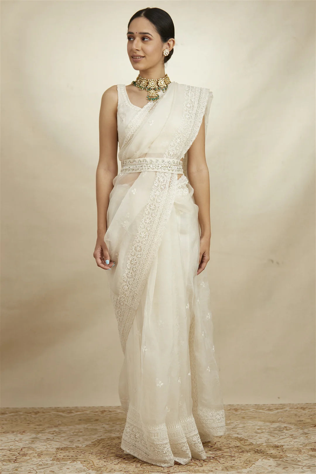 White Organza Sequence Work Saree Set