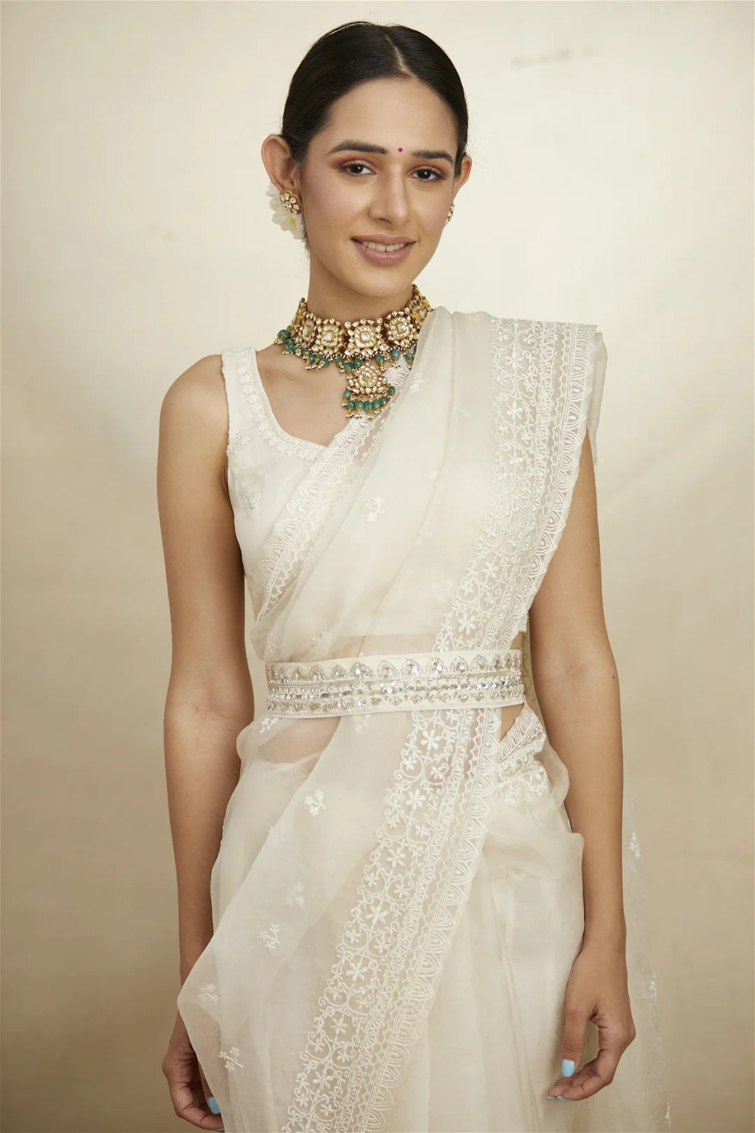 White Organza Sequence Work Saree Set