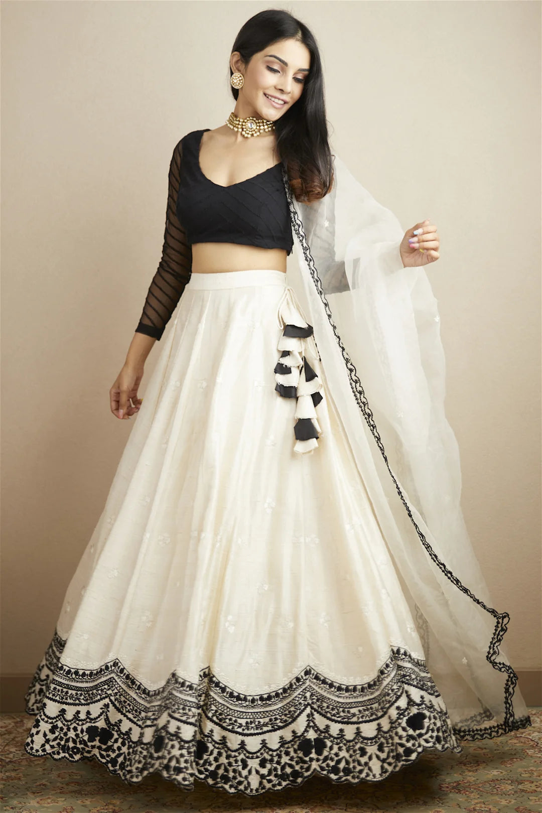 WHITE AND BLACK RAW SILK LEHENGA SET