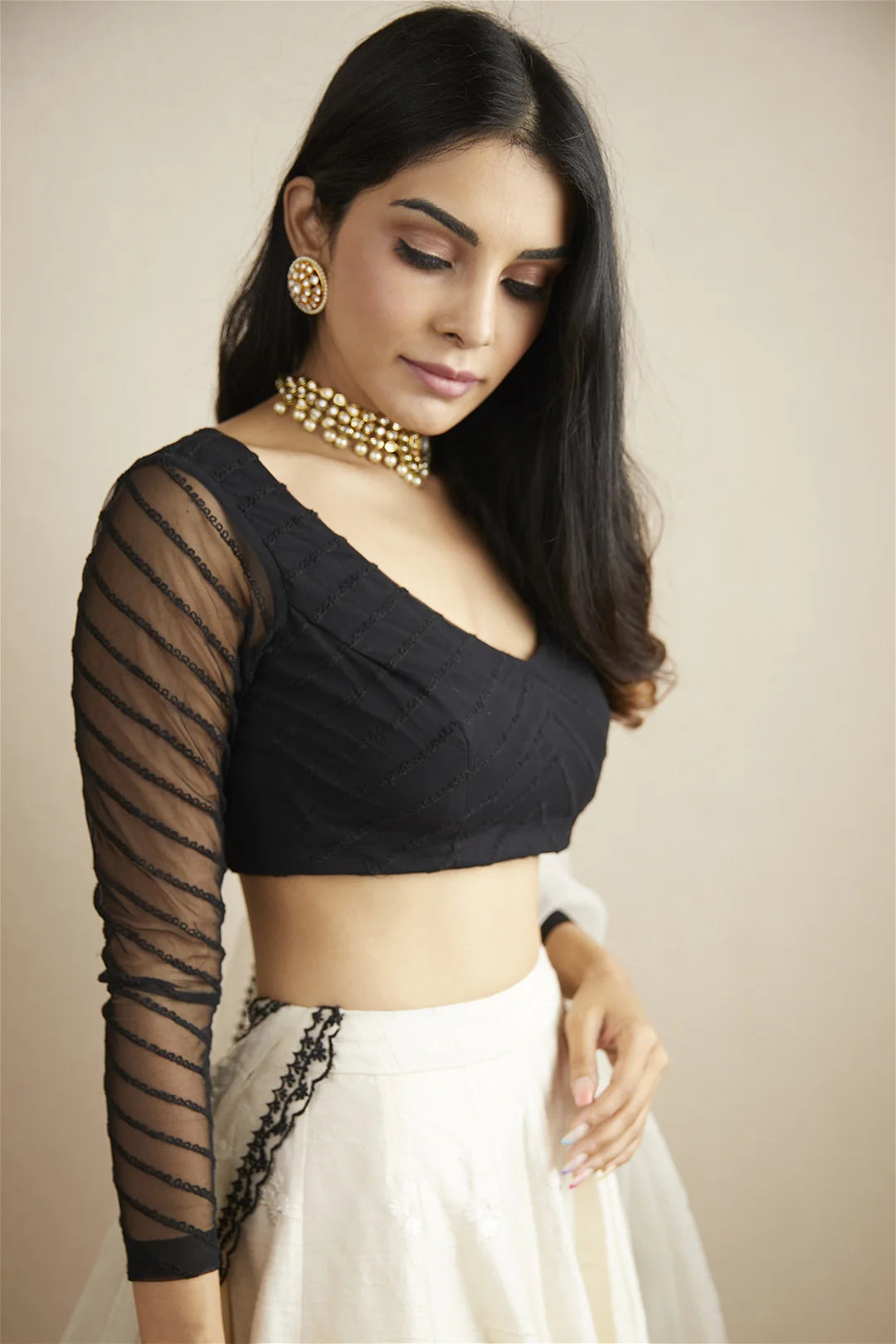 WHITE AND BLACK RAW SILK LEHENGA SET
