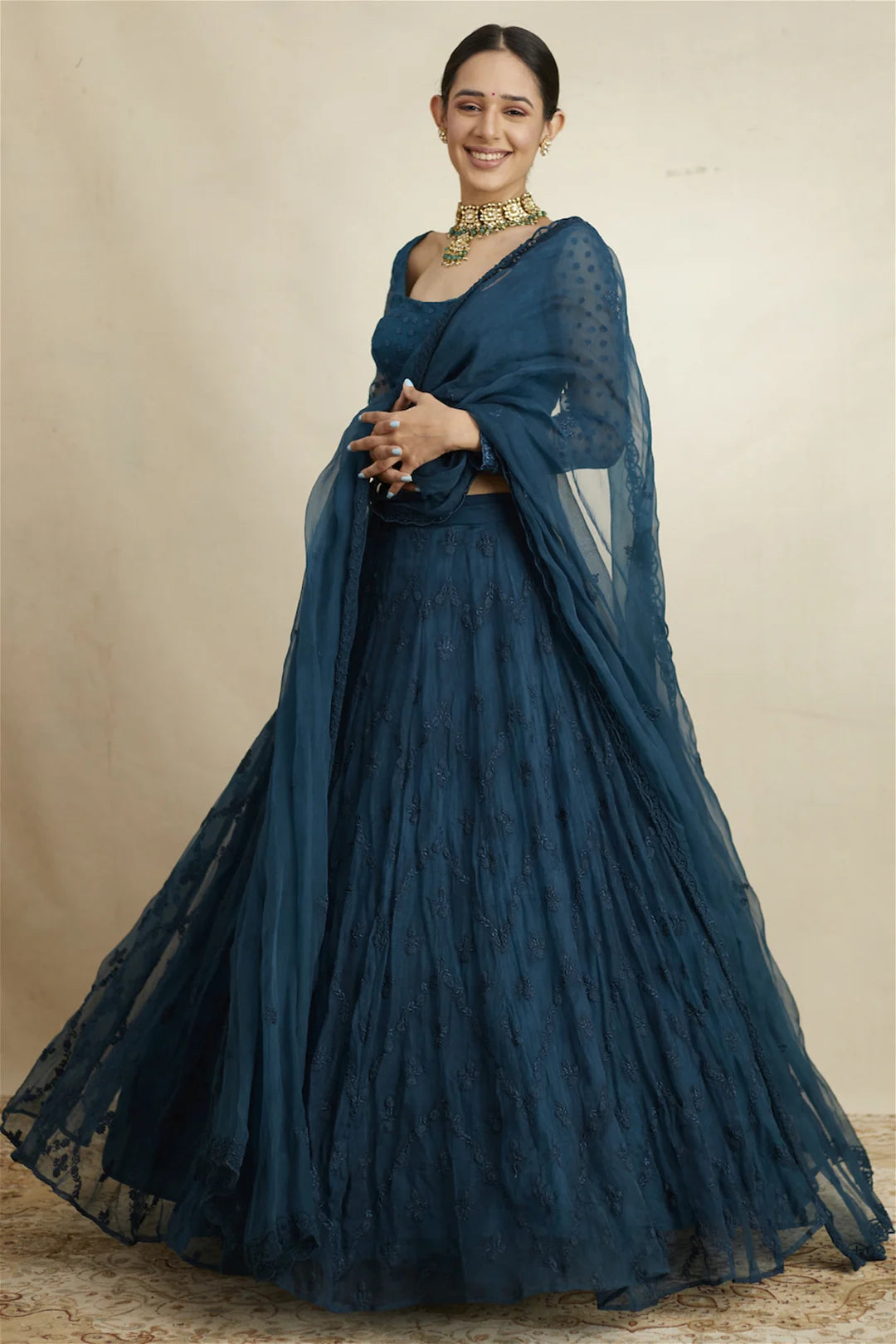 TEAL BLUE THREAD WORK LEHENGA SET