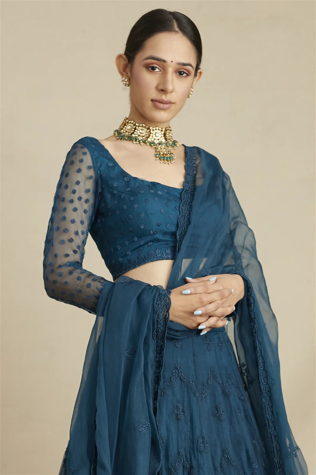 TEAL BLUE THREAD WORK LEHENGA SET