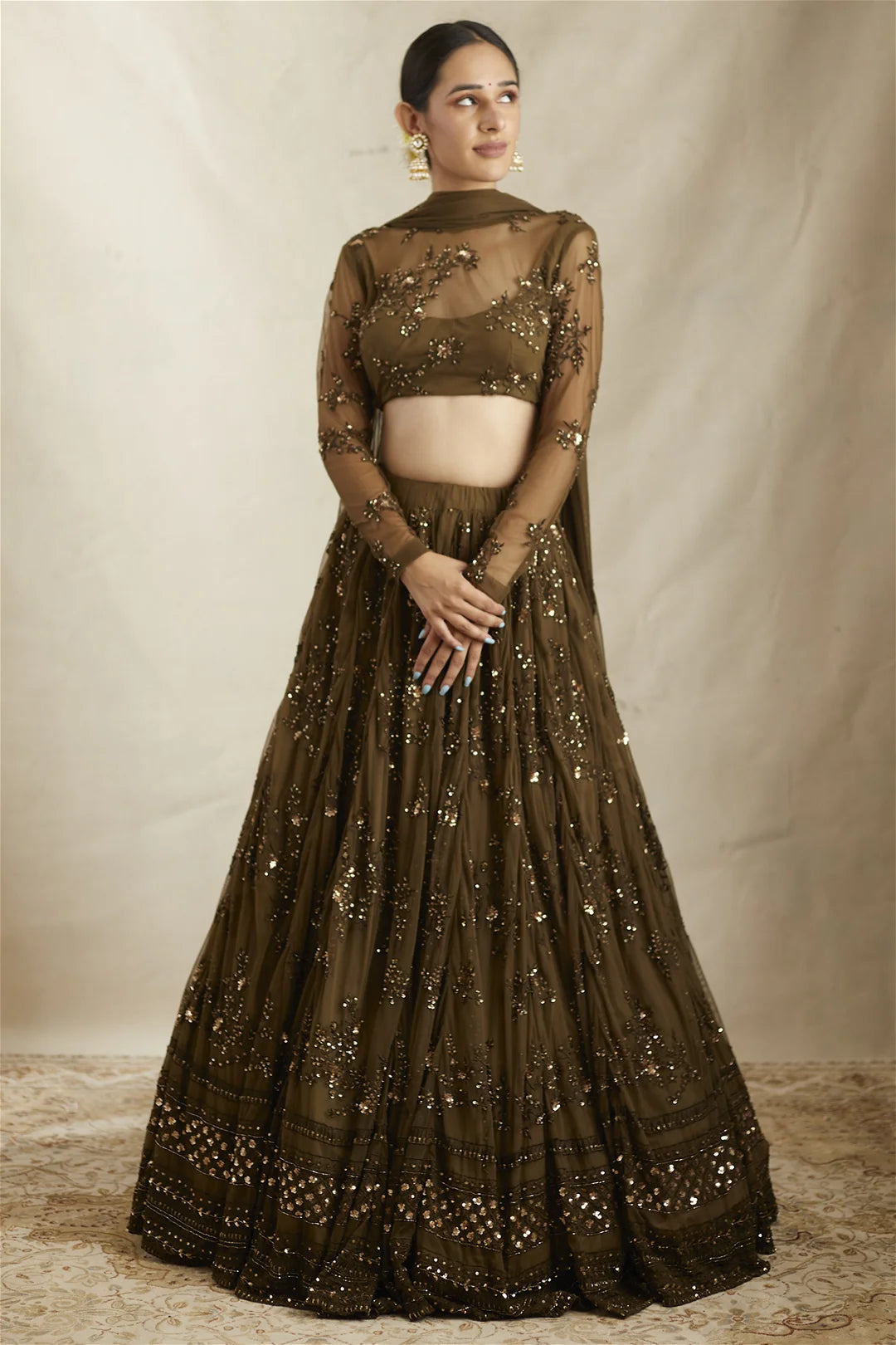 Dark Green Thread Work Lehenga Set
