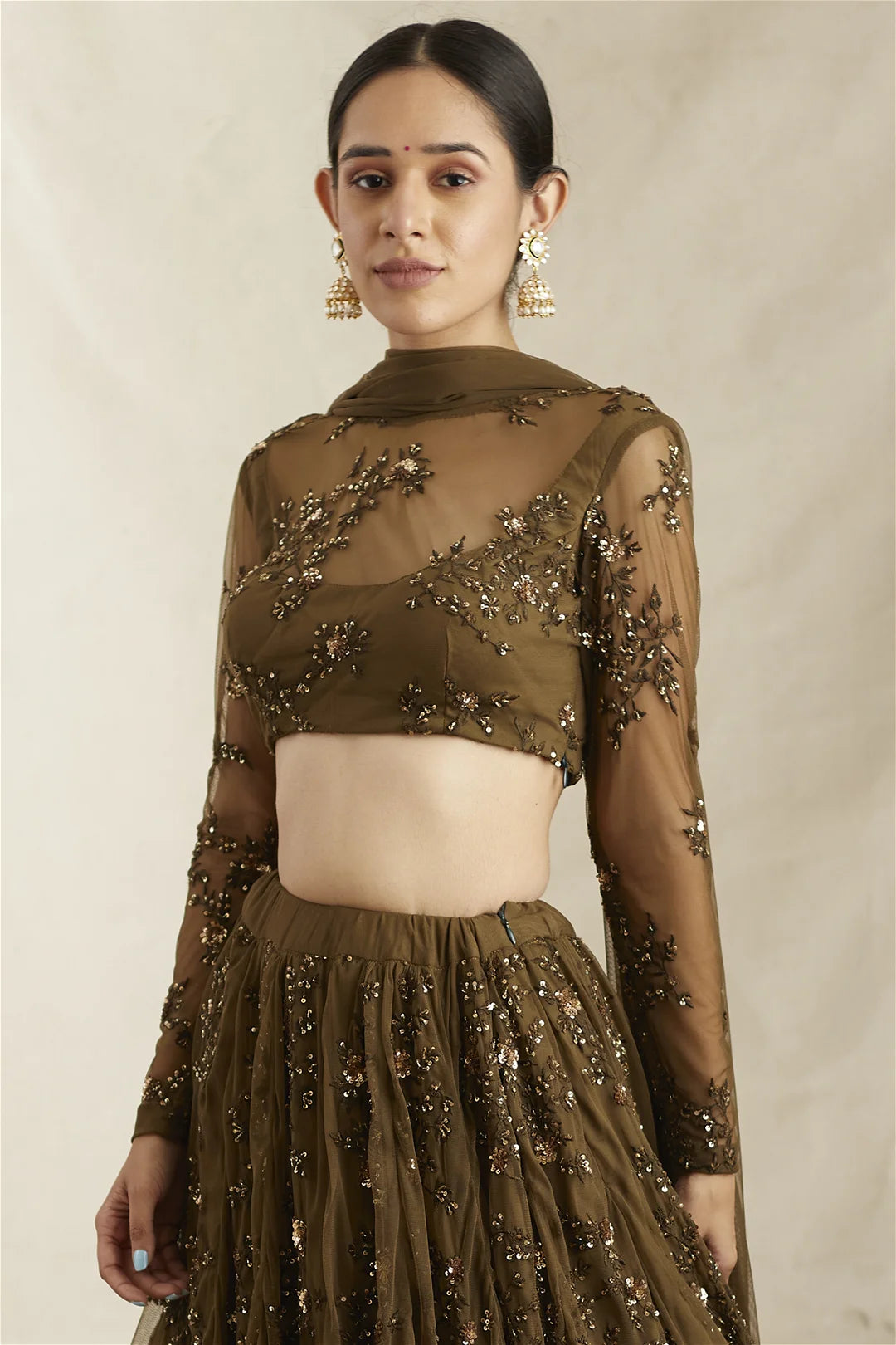 Dark Green Thread Work Lehenga Set