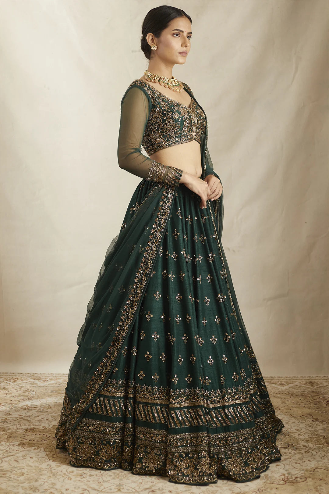 EMERALD GREEN RAW SILK LEHENGA SET