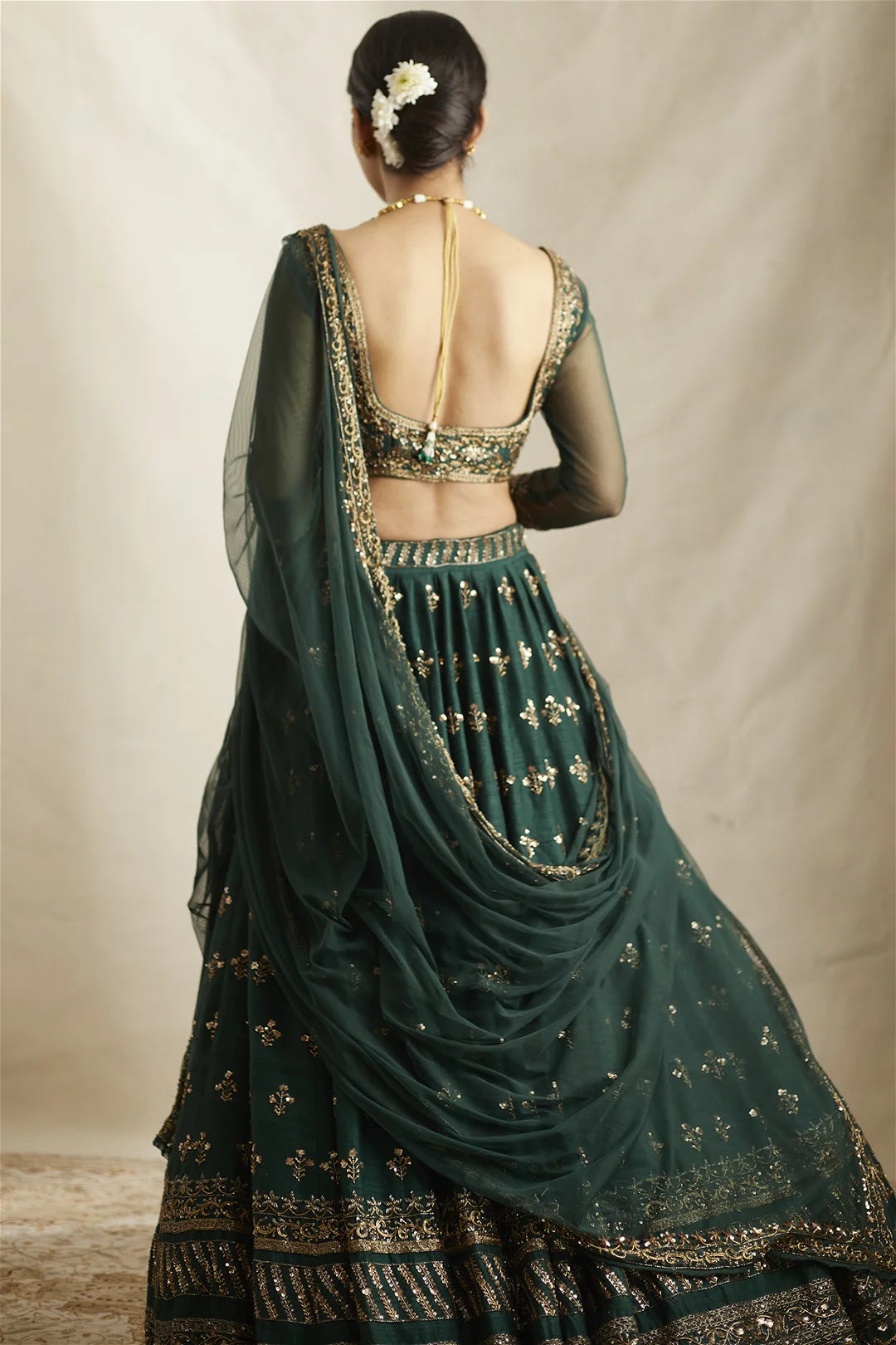 EMERALD GREEN RAW SILK LEHENGA SET